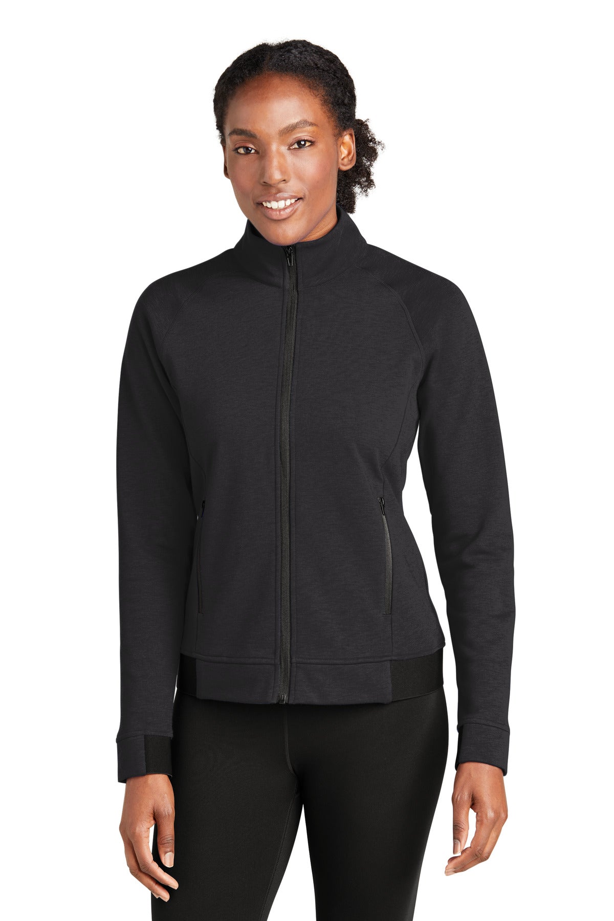 Front View of Black Sport-Tek Women's PosiCharge Strive Full-Zip LST570