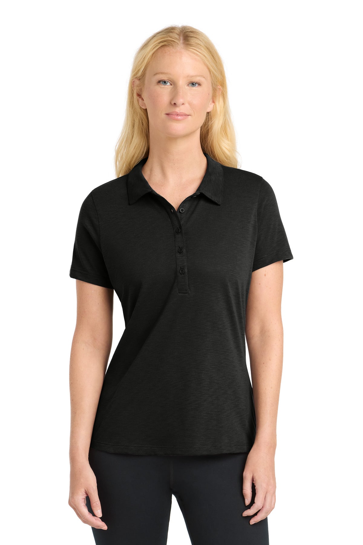 Front View of Black Sport-Tek Women's PosiCharge Strive Polo. LST530