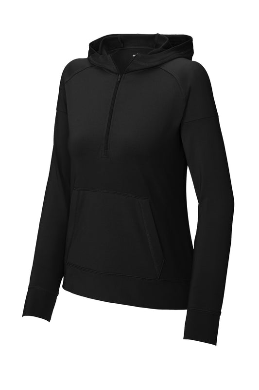 Front View of Black Sport-Tek Women's Sport-Wick Stretch 1/2-Zip Hoodie LST856