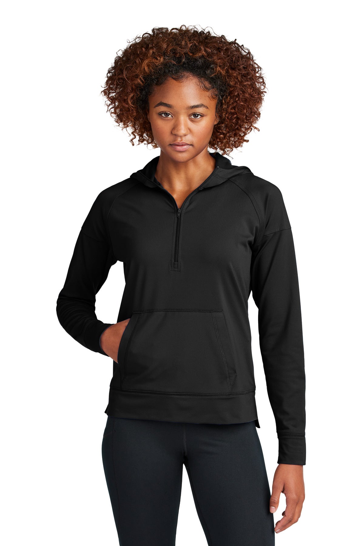 Front View of Black Sport-Tek Women's Sport-Wick Stretch 1/2-Zip Hoodie LST856