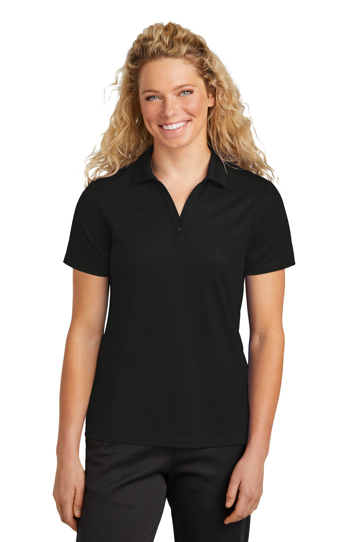 Front View of Black Sport-Tek Women's UV Micropique Polo LST740