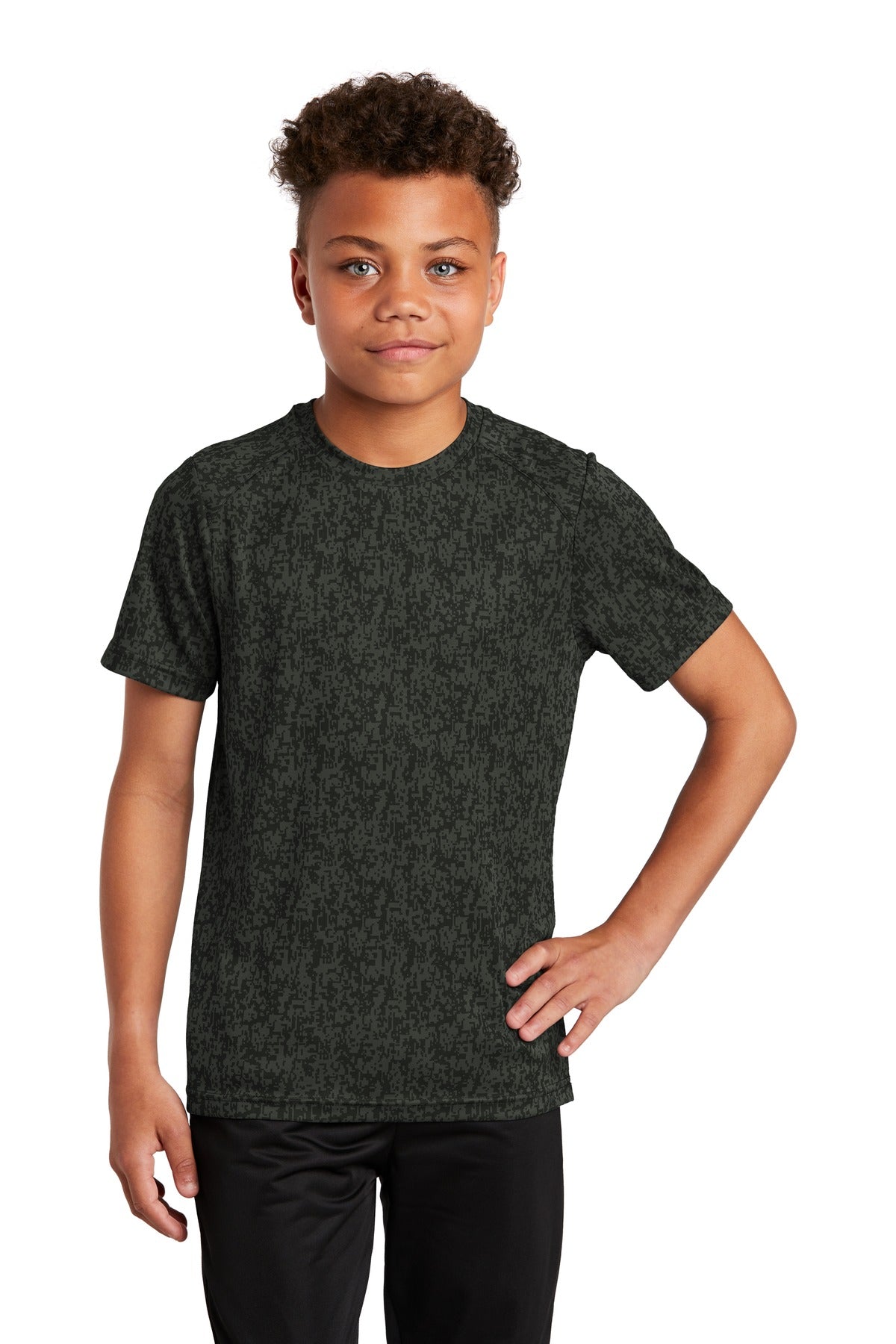 Front View of Black Sport-Tek Youth Digi Camo Tee. YST460