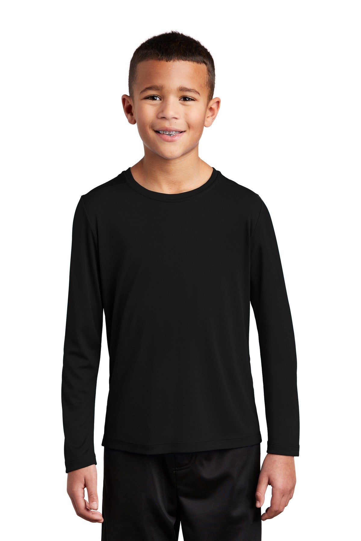 Front View of Black Sport-Tek Youth Posi-UV Pro Long Sleeve Tee. YST420LS