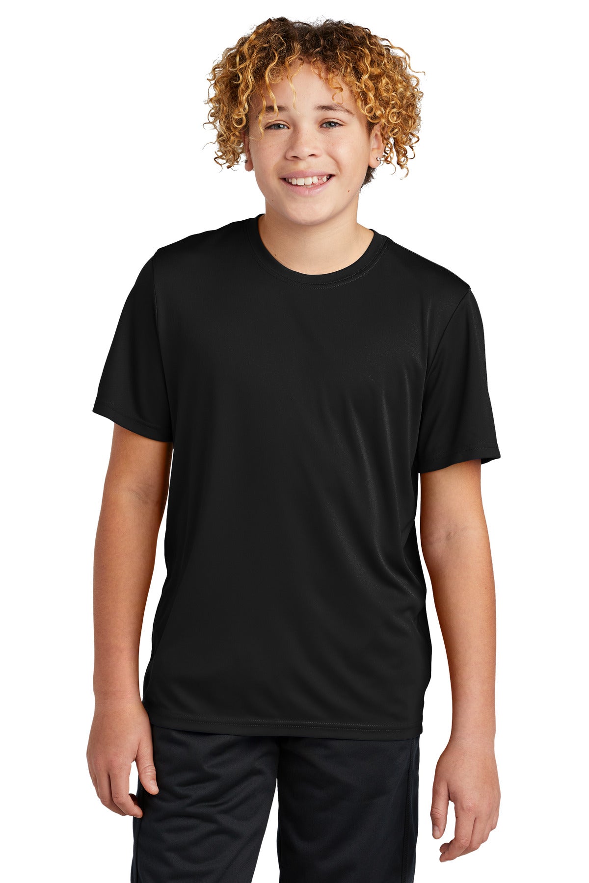 Front View of Black Sport-Tek Youth PosiCharge Re-Compete Tee YST720