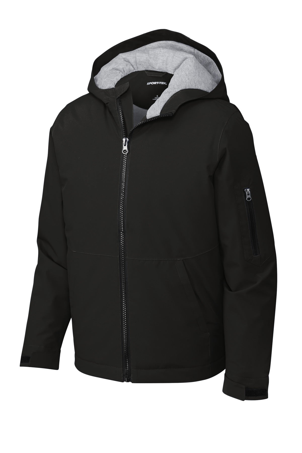 Front View of Black Sport-Tek Youth Waterproof Insulated Jacket YST56