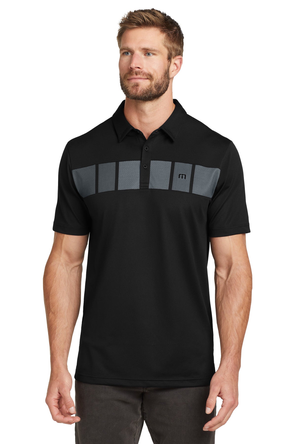 Front View of Black TravisMathew Cabana Chest Stripe Polo. TM1MU416