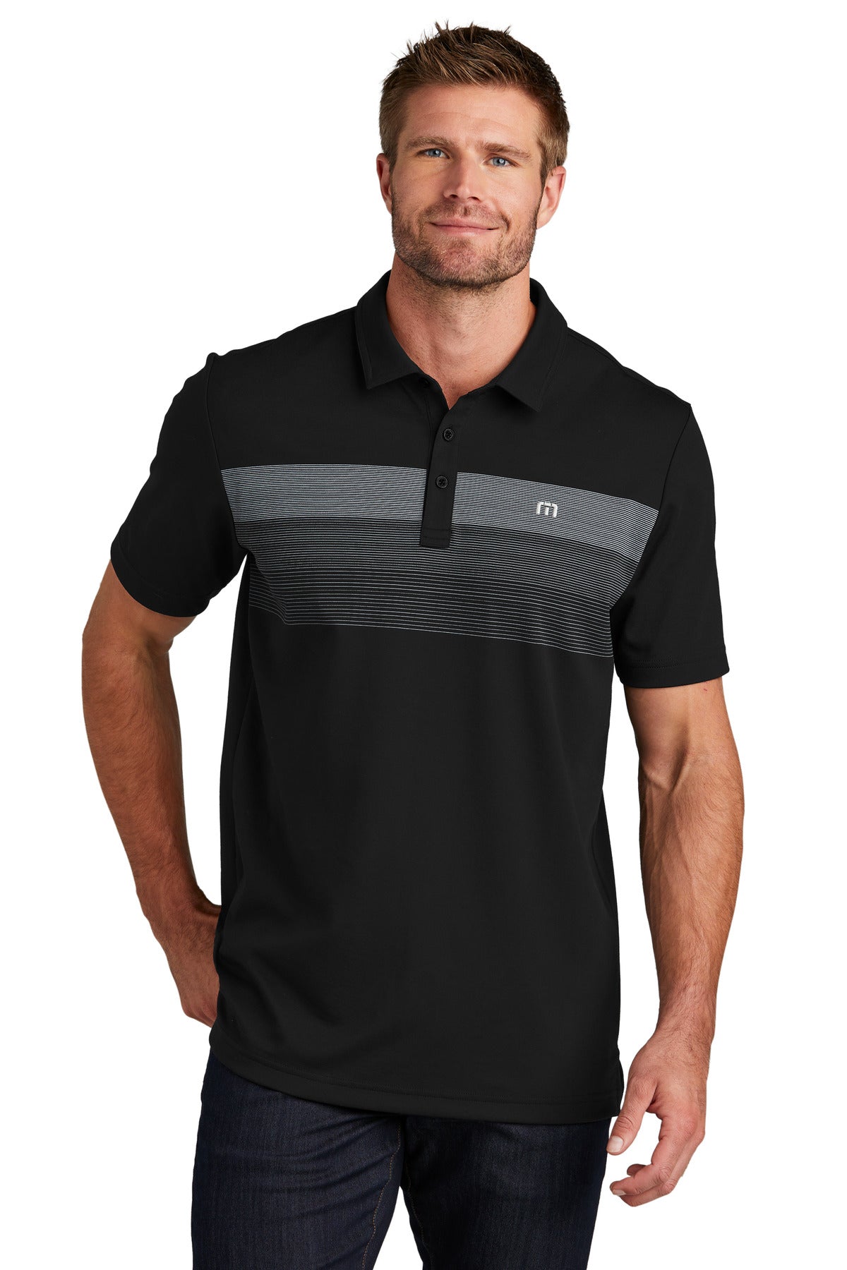 Front View of Black TravisMathew Coastal Chest Stripe Polo TM1MY402