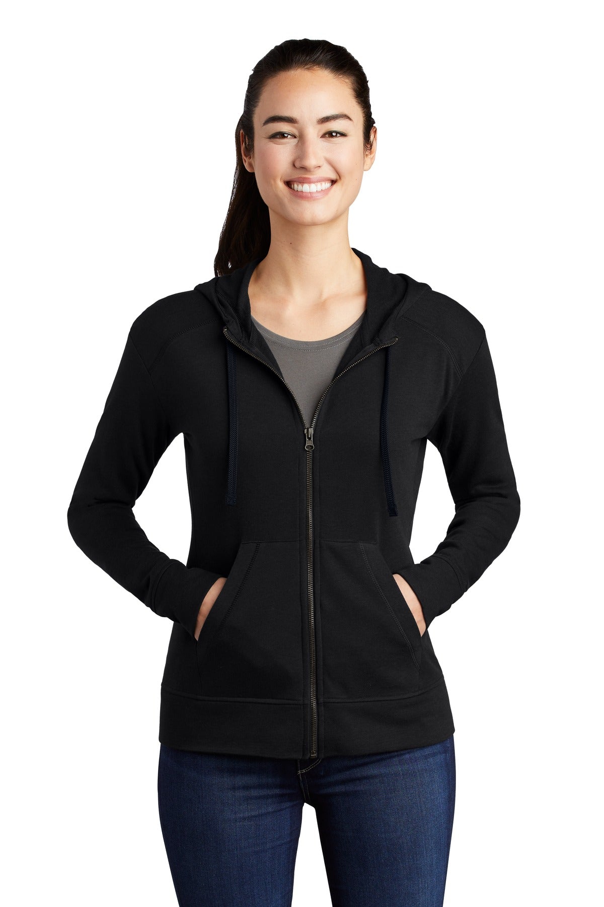 Front View of Black Triad So Sport-Tek Women's PosiCharge Tri-Blend Wicking Fleece Full-Zip Hooded Jacket LST293