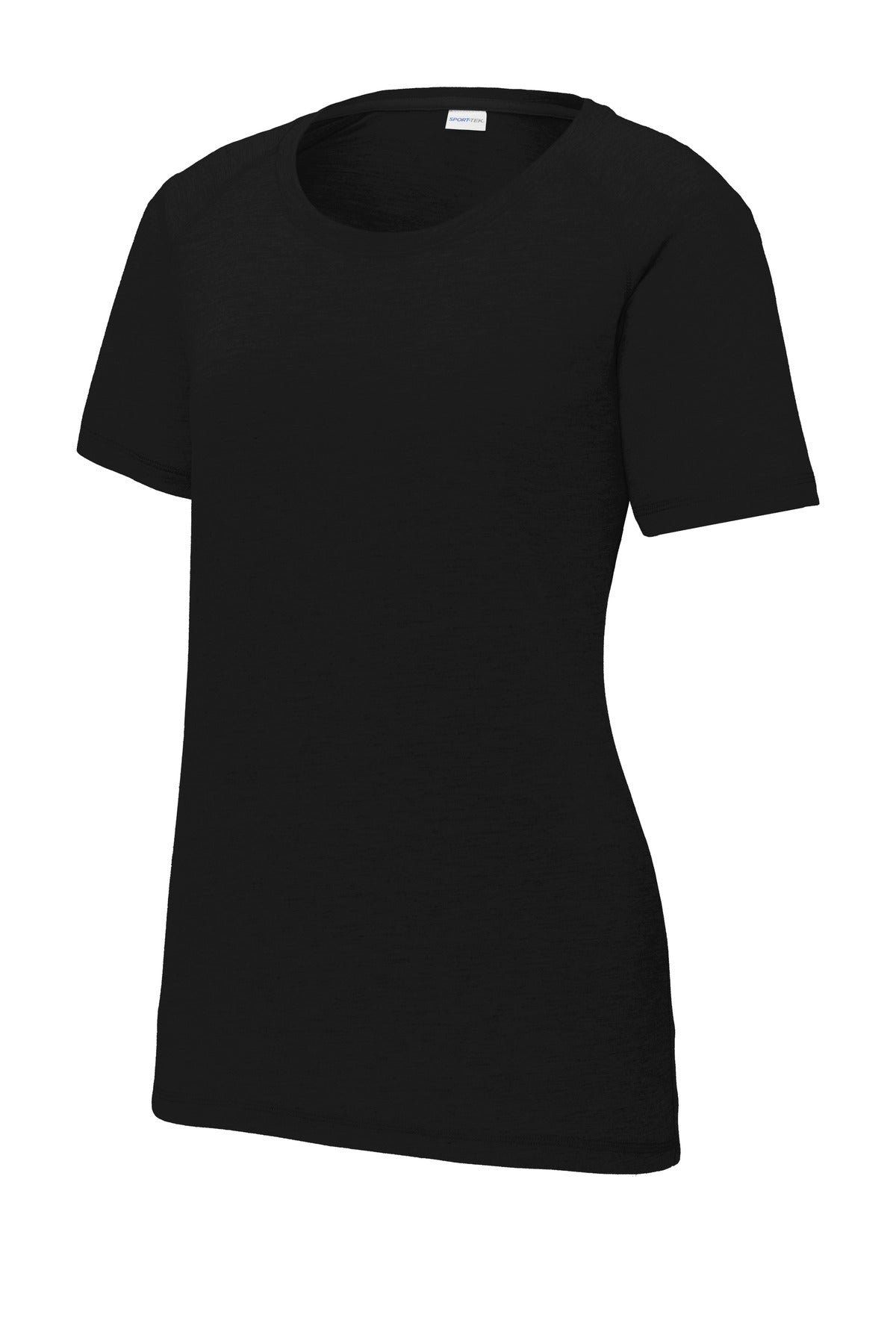 Front View of Black Triad So Sport-Tek Women's PosiCharge Tri-Blend Wicking Scoop Neck Raglan Tee. LST400