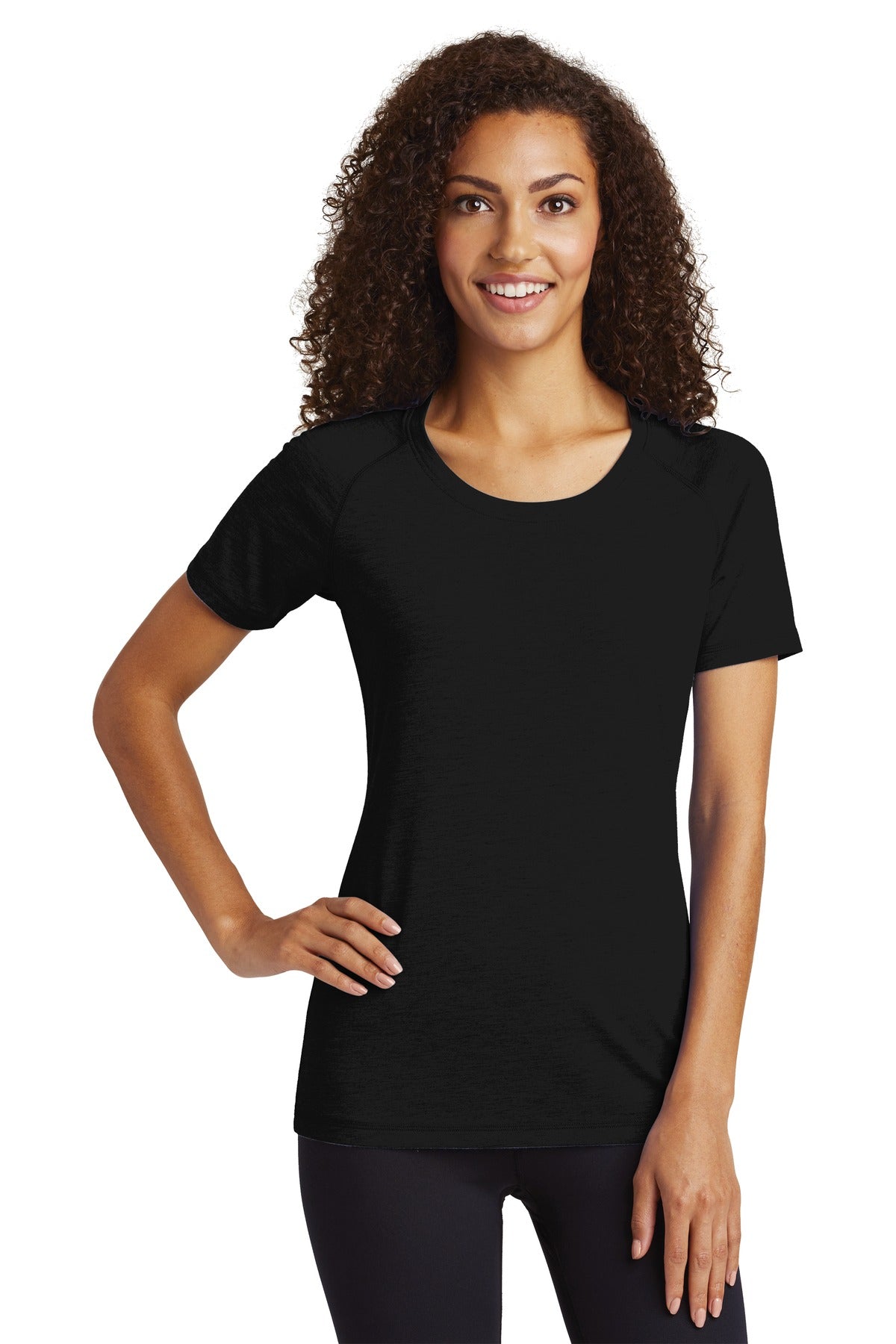 Front View of Black Triad So Sport-Tek Women's PosiCharge Tri-Blend Wicking Scoop Neck Raglan Tee. LST400