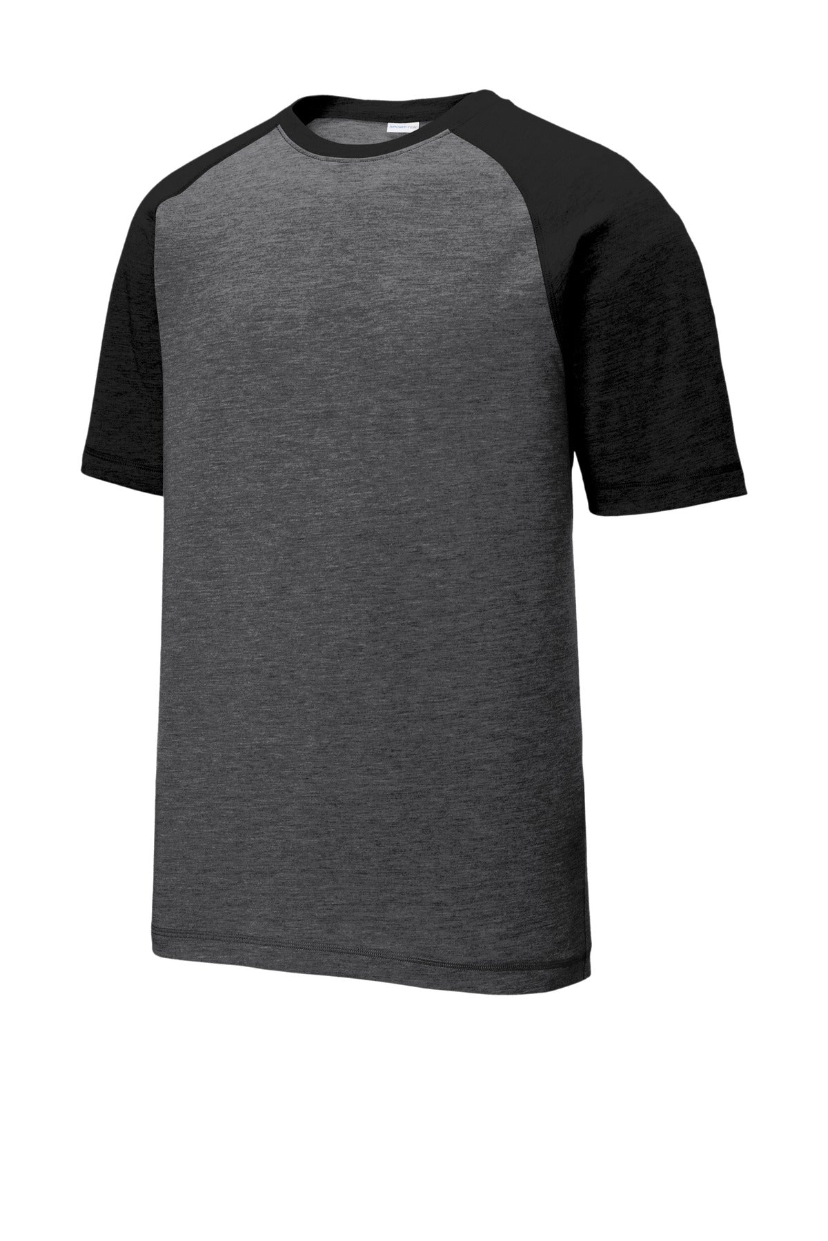 Front View of Black TS/DGH Sport-Tek PosiCharge Tri-Blend Wicking Raglan Tee. ST400