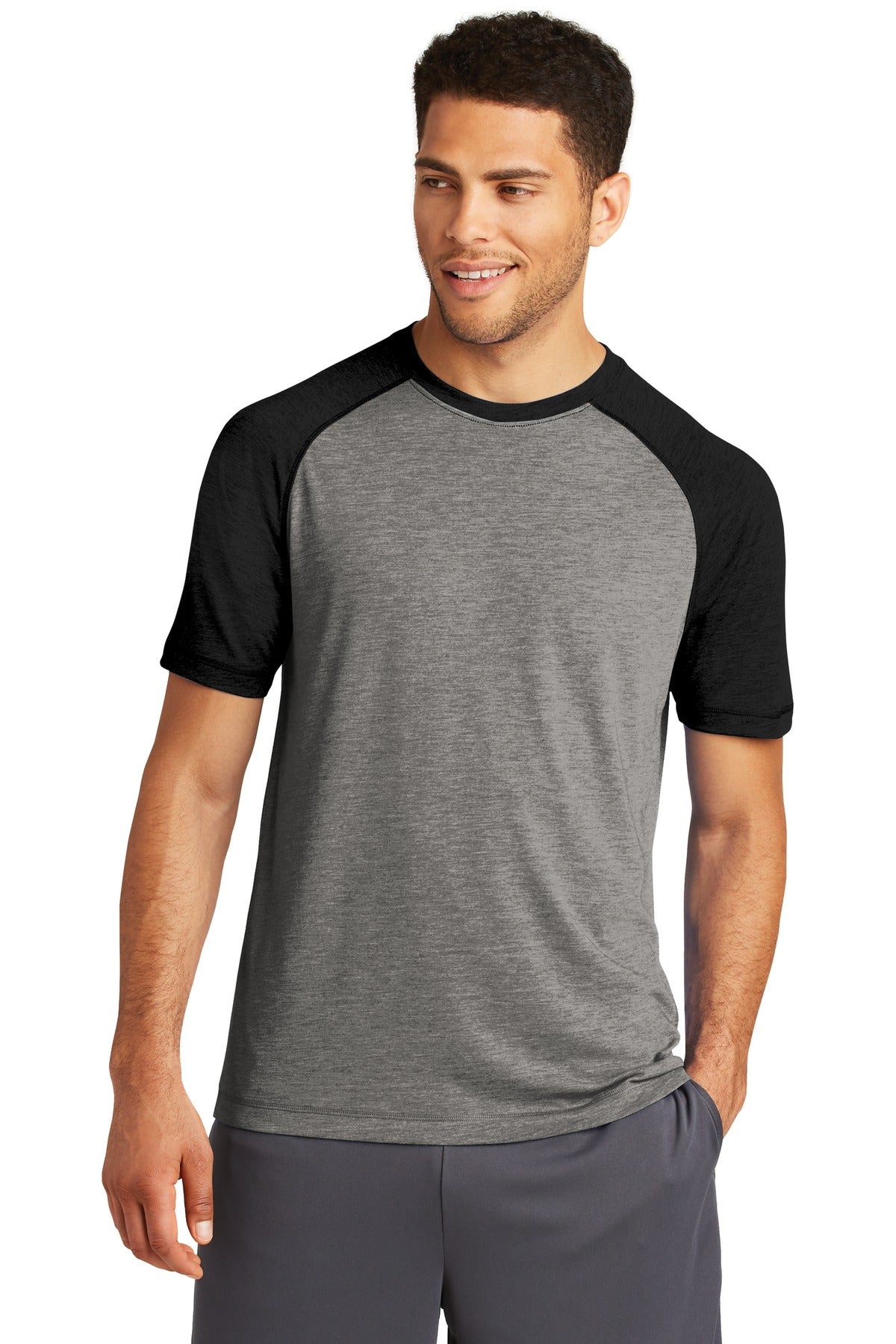 Front View of Black TS/DGH Sport-Tek PosiCharge Tri-Blend Wicking Raglan Tee. ST400