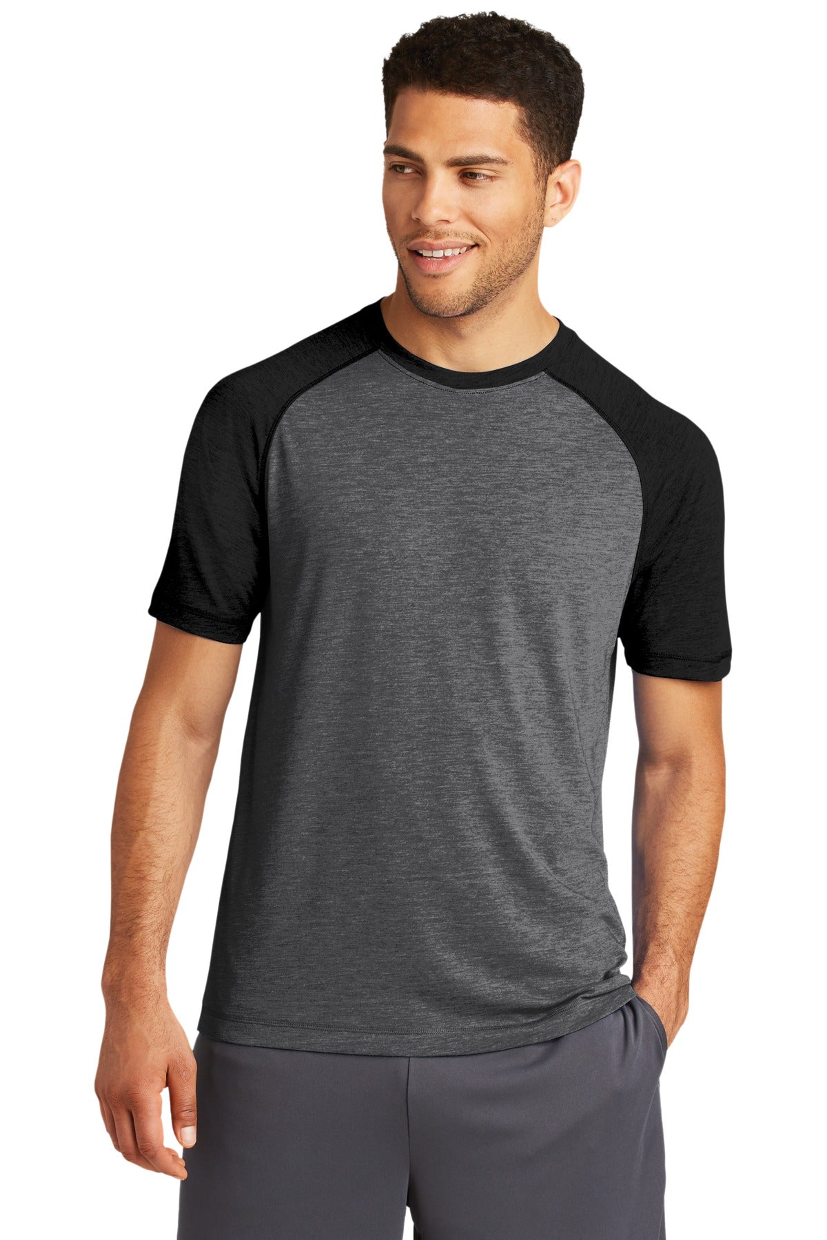 Front View of Black TS/DGH Sport-Tek PosiCharge Tri-Blend Wicking Raglan Tee. ST400