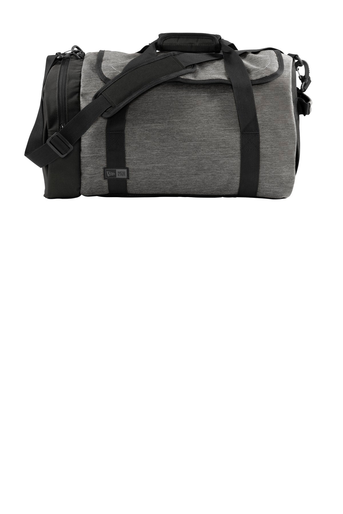 Front View of Black Tw He/Bk New Era Legacy Duffel. NEB800