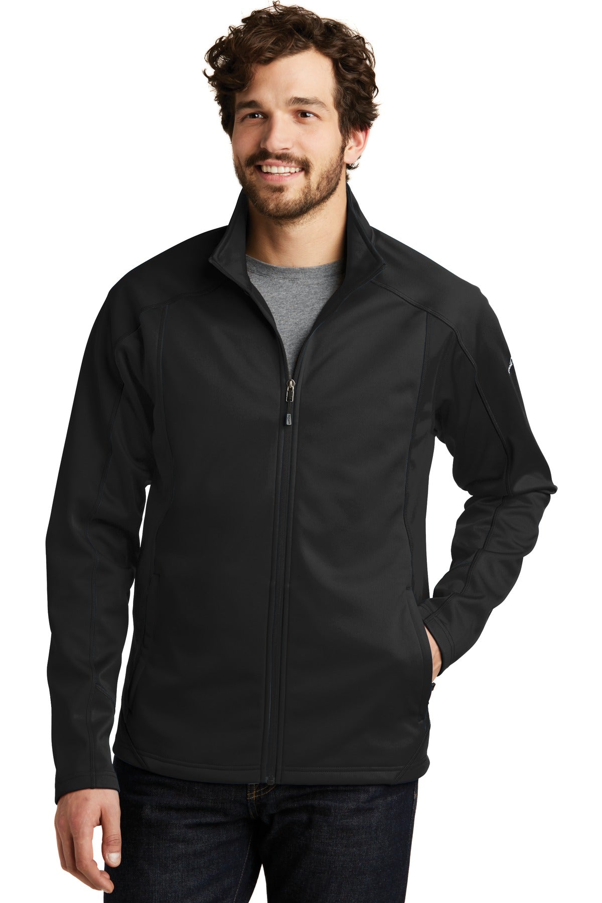 Front View of Black/Black Eddie Bauer Trail Soft Shell Jacket. EB542