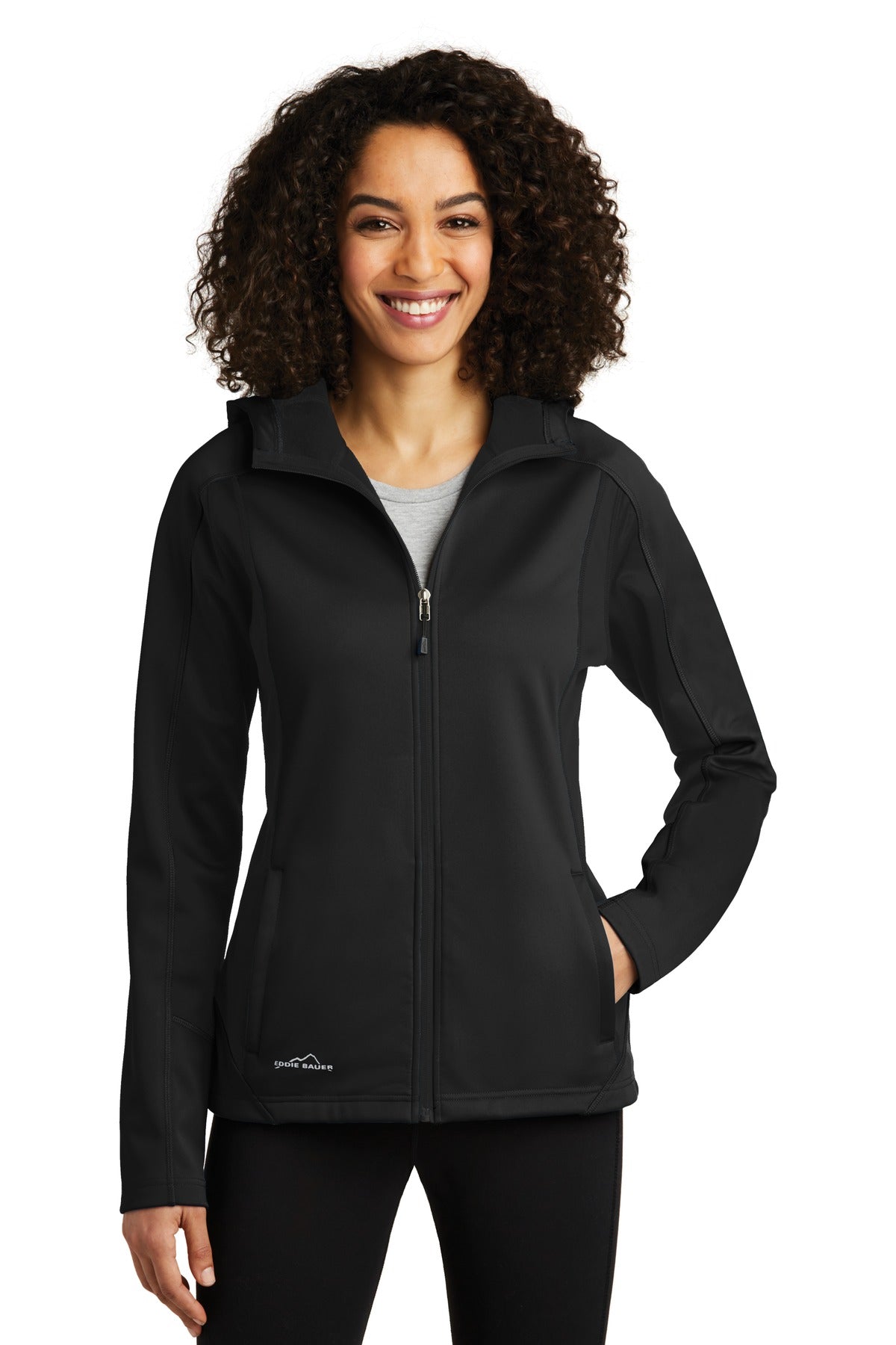 Front View of Black/Black Eddie Bauer Women's Trail Soft Shell Jacket. EB543