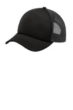 Front View of Black/Black Port Authority 5-Panel Twill Foam Trucker Cap. C936
