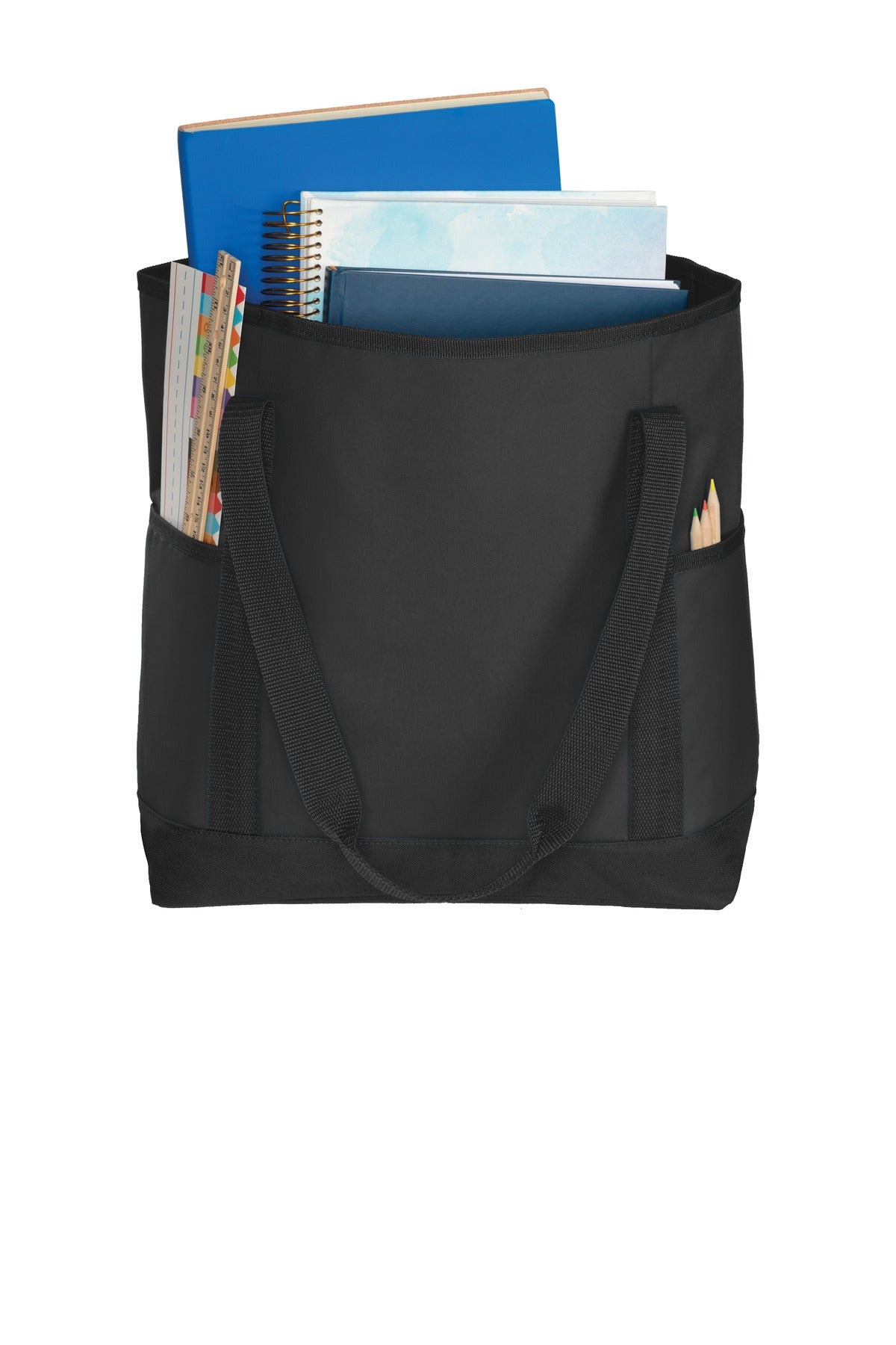 Front View of Black/Black Port Authority On-The-Go Tote. BG411