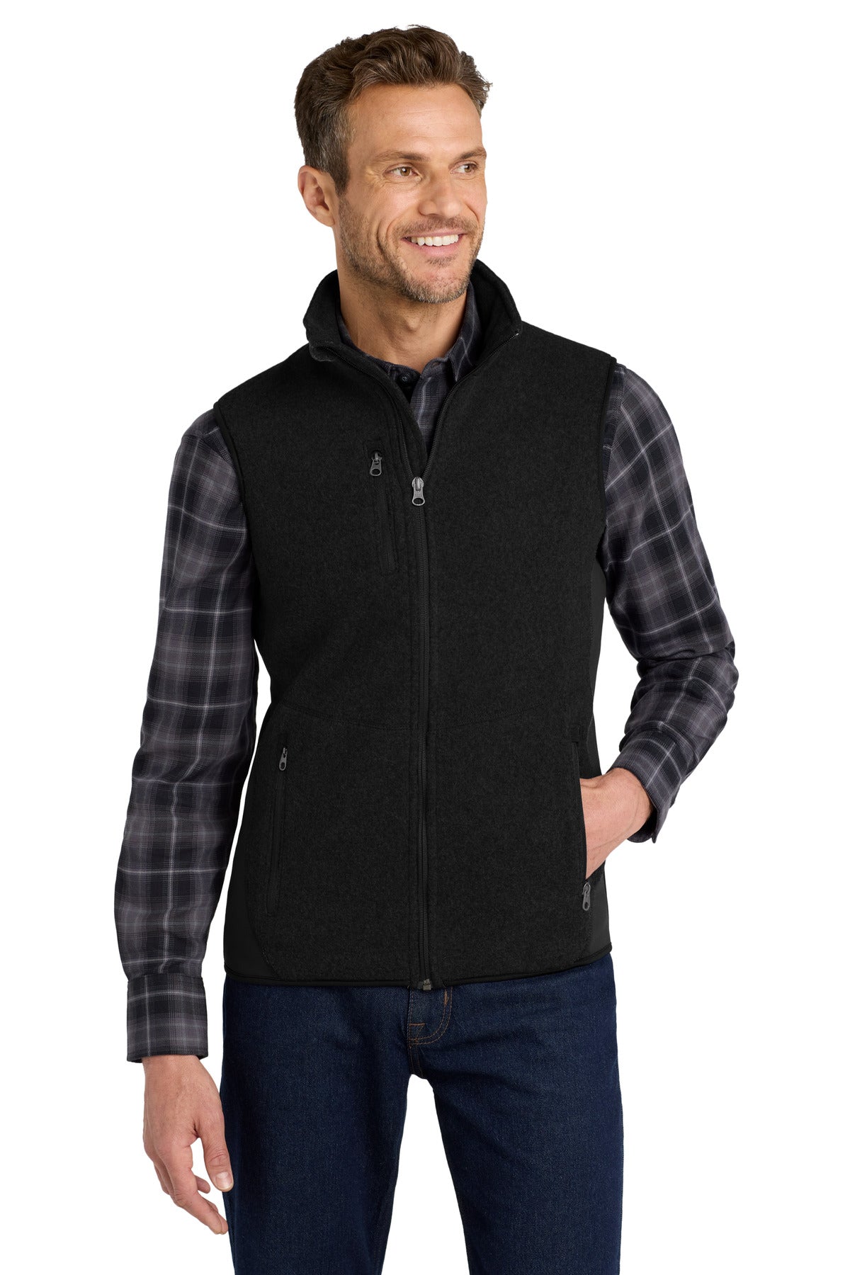 Front View of Black/Black Port Authority R-Tek Pro Fleece Full-Zip Vest. F228
