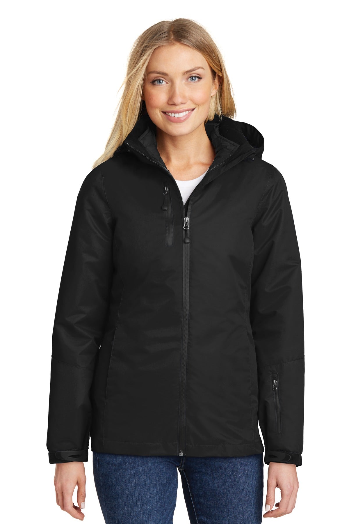 Front View of Black/Black Port Authority Women's Vortex Waterproof 3-in-1 Jacket. L332