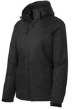Front View of Black/Black Port Authority Women's Vortex Waterproof 3-in-1 Jacket. L332