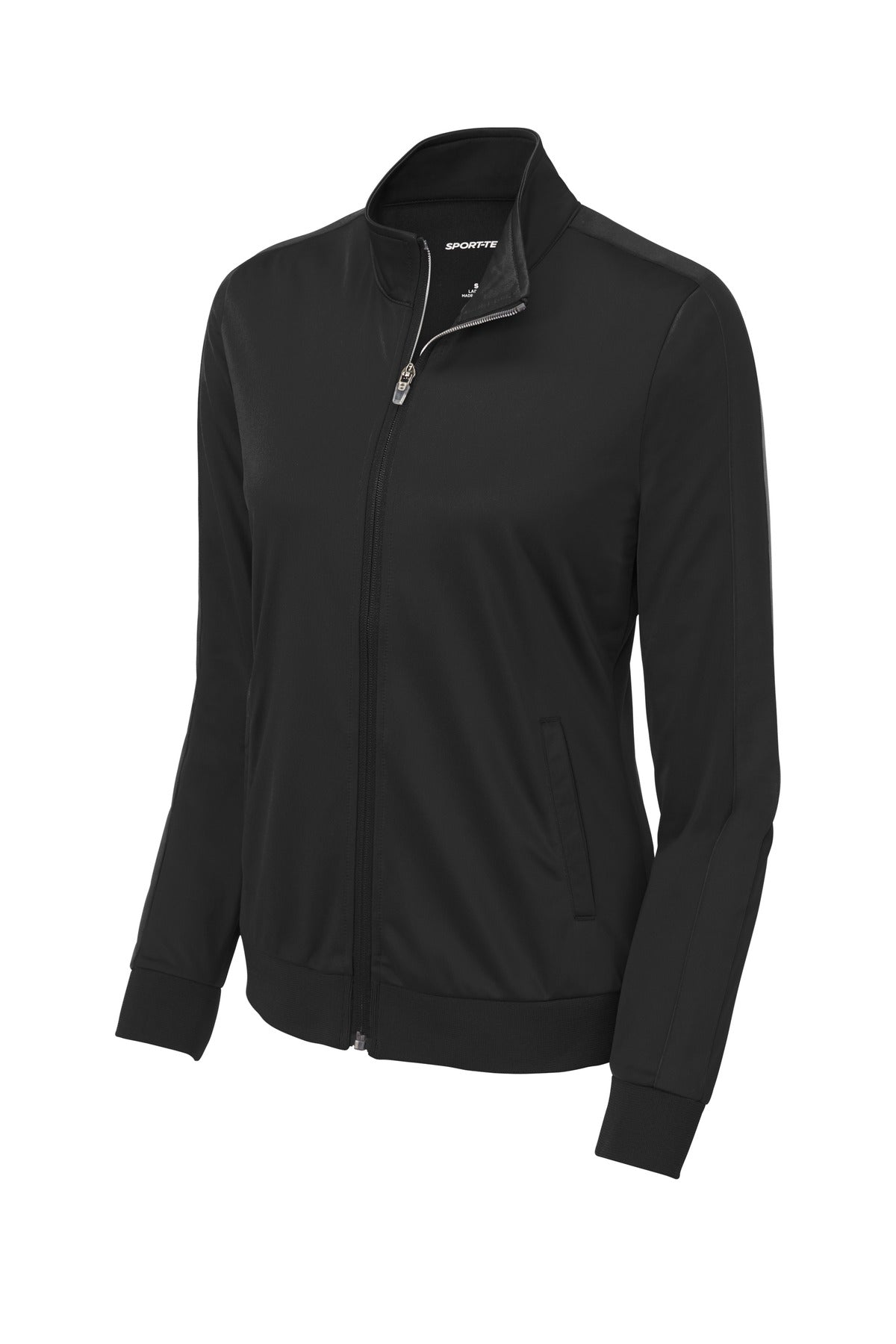 Front View of Black/Black Sport-Tek Ladies Tricot Sleeve Stripe Track Jacket. LST94