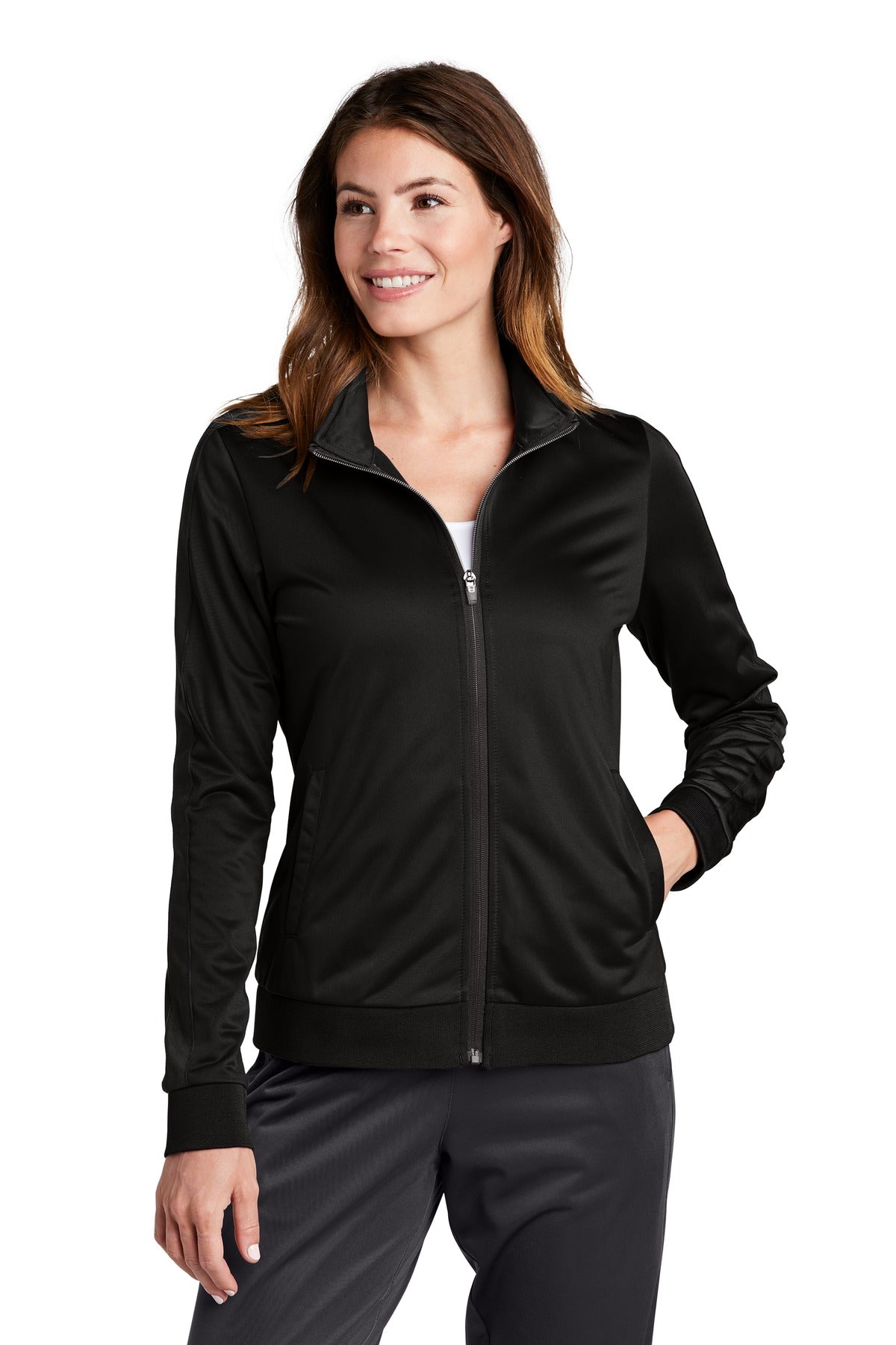 Front View of Black/Black Sport-Tek Ladies Tricot Sleeve Stripe Track Jacket. LST94