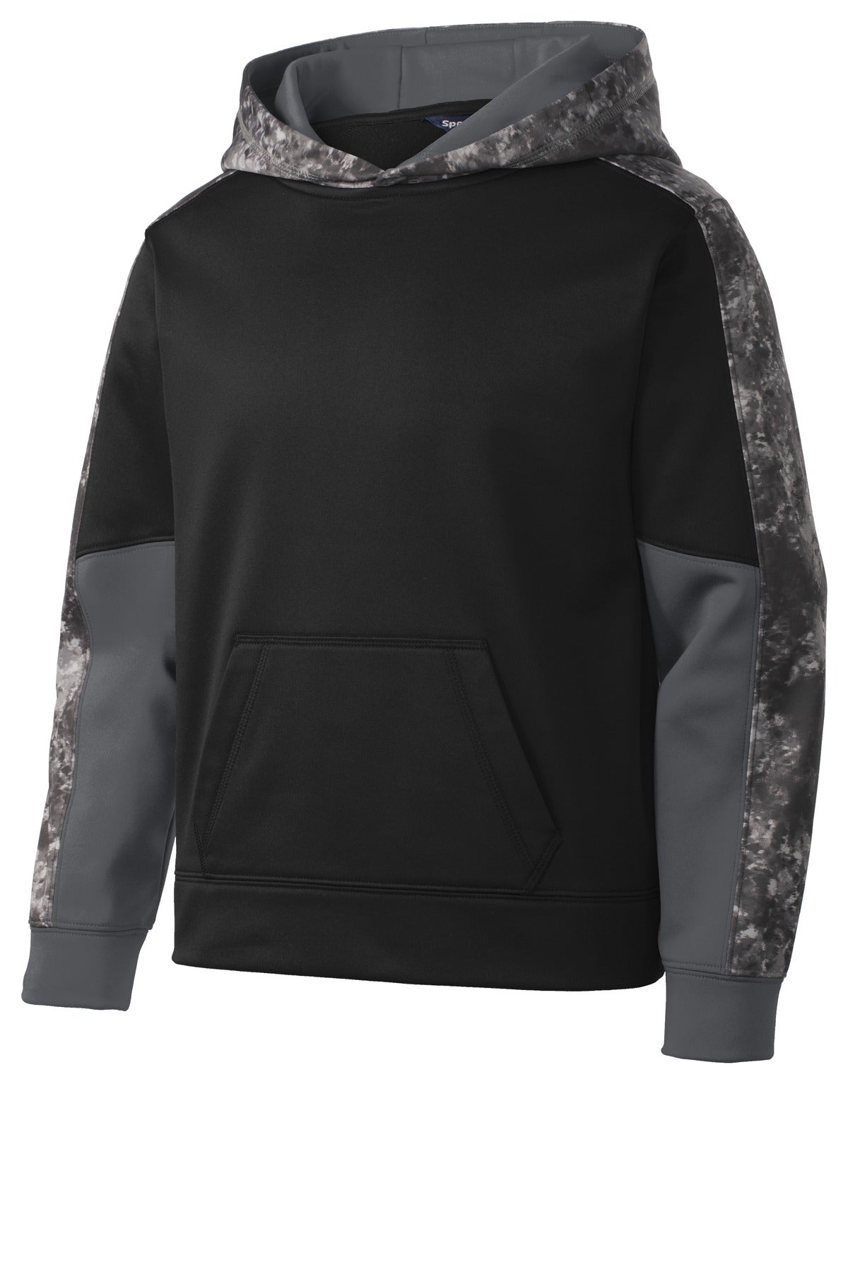 Front View of Black/Black Sport-Tek Youth Sport-Wick Mineral Freeze Fleece Colorblock Hooded Pullover. YST231