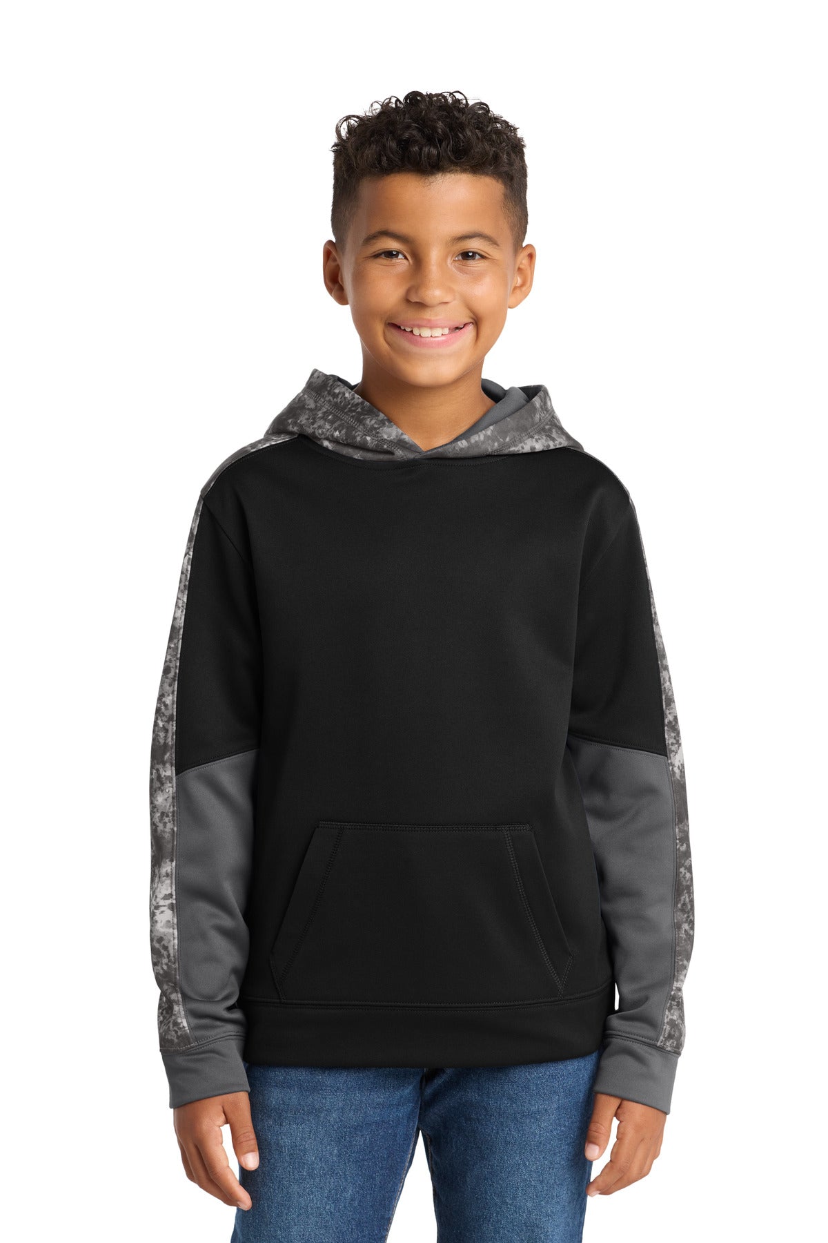 Front View of Black/Black Sport-Tek Youth Sport-Wick Mineral Freeze Fleece Colorblock Hooded Pullover. YST231
