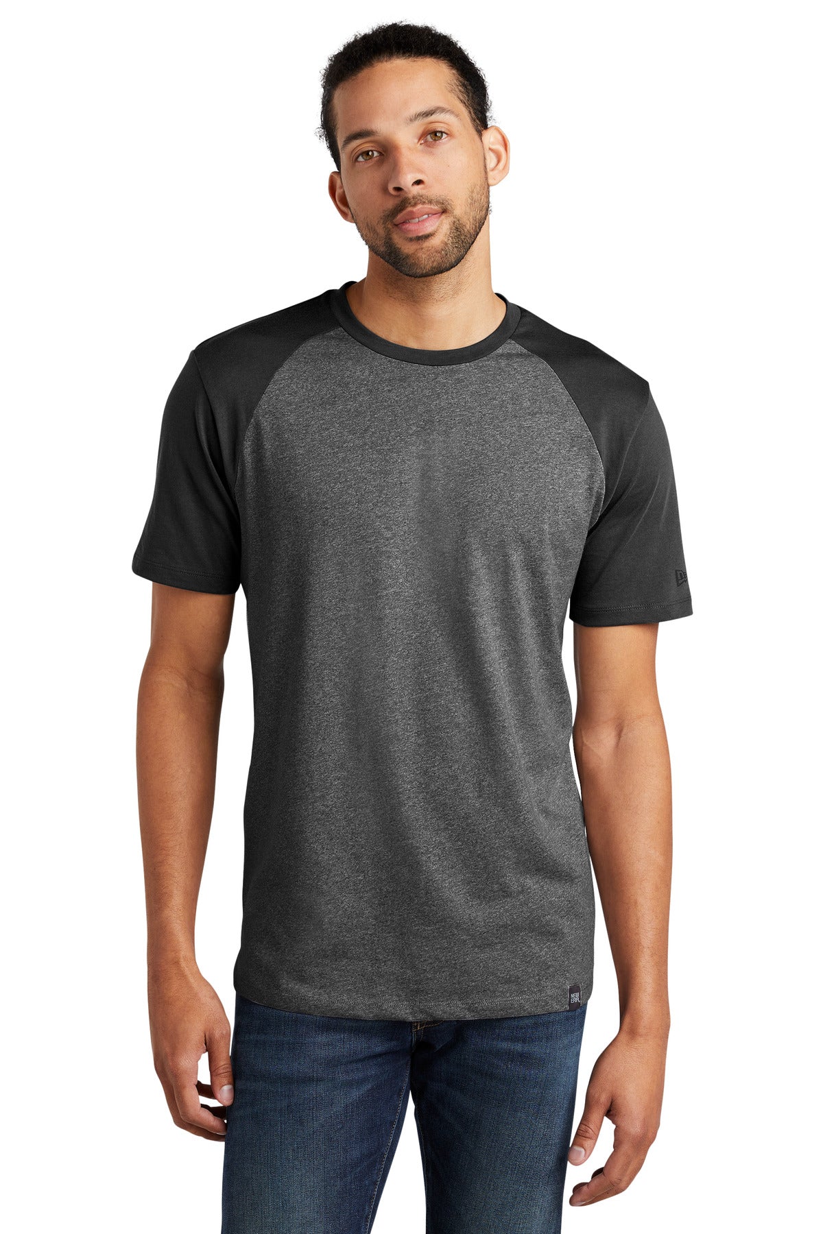 Front View of Black/Black Tw New Era Heritage Blend Varsity Tee. NEA107