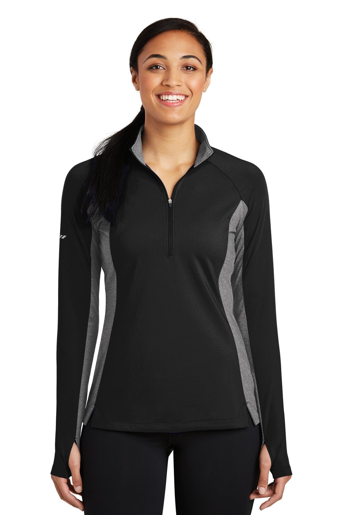 Front View of Black/Ch Gy He Sport-Tek Women's Sport-Wick Stretch Contrast 1/4-Zip Pullover. LST854