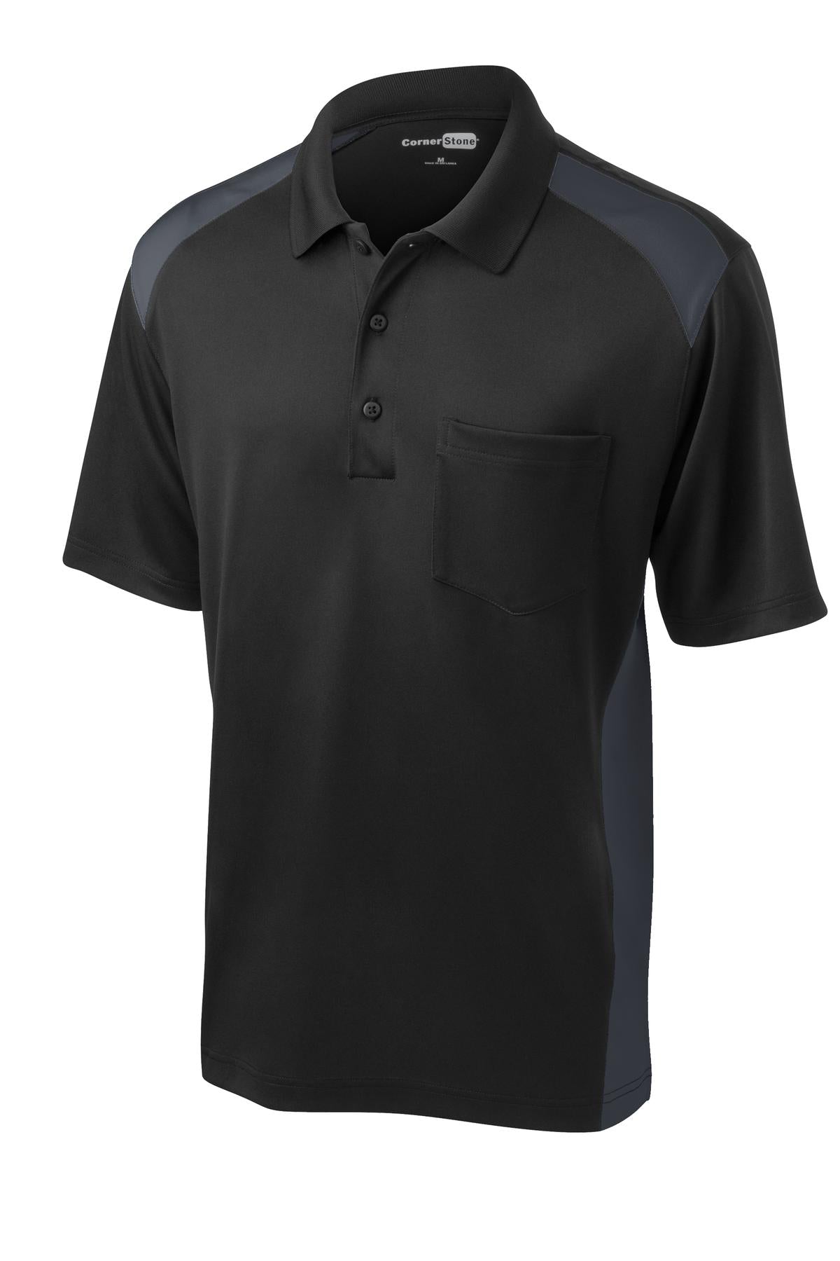 Front View of Black/Charcoal CornerStone Select Snag-Proof Two Way Colorblock Pocket Polo. CS416