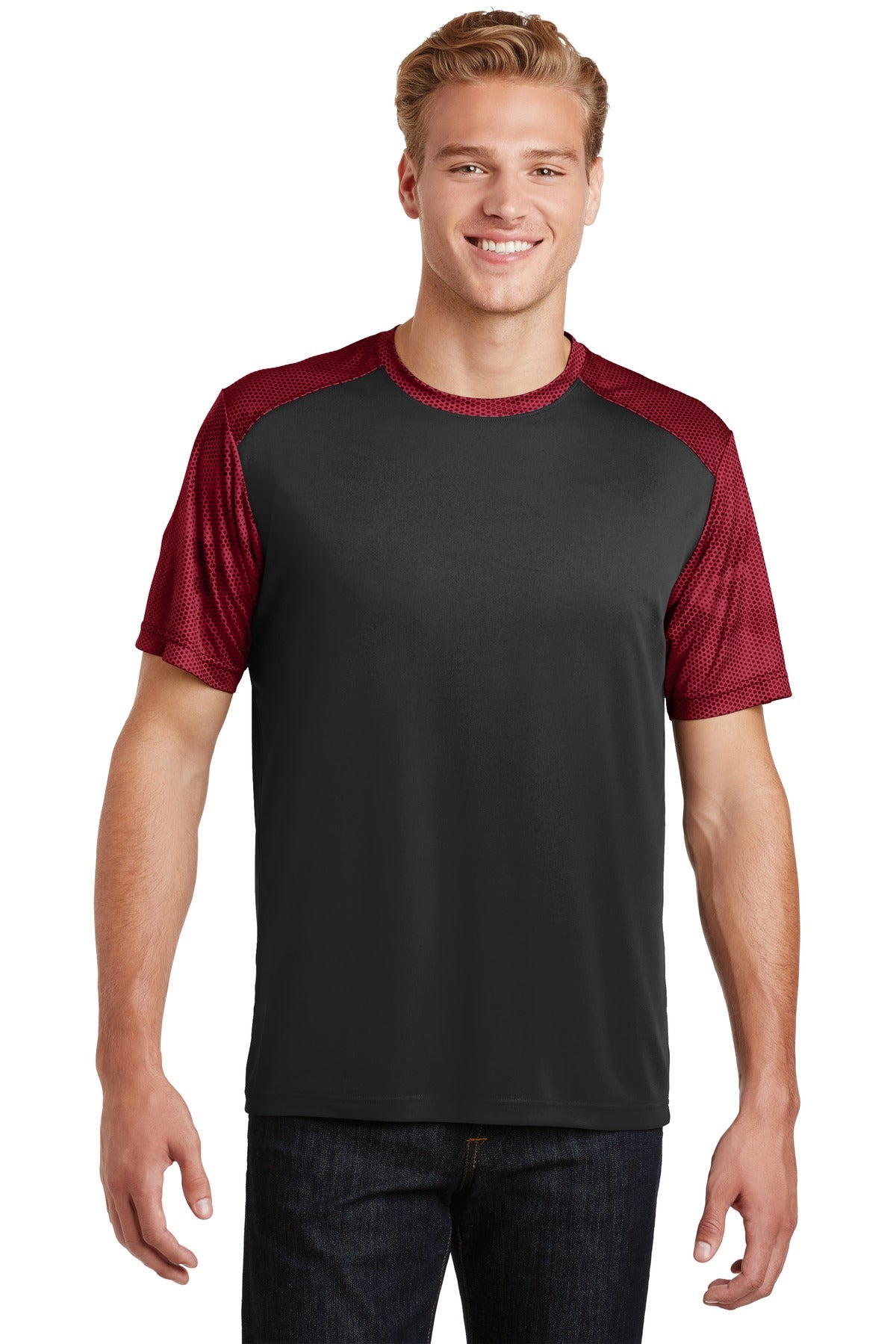 Front View of Black/Deep Red Sport-Tek CamoHex Colorblock Tee. ST371