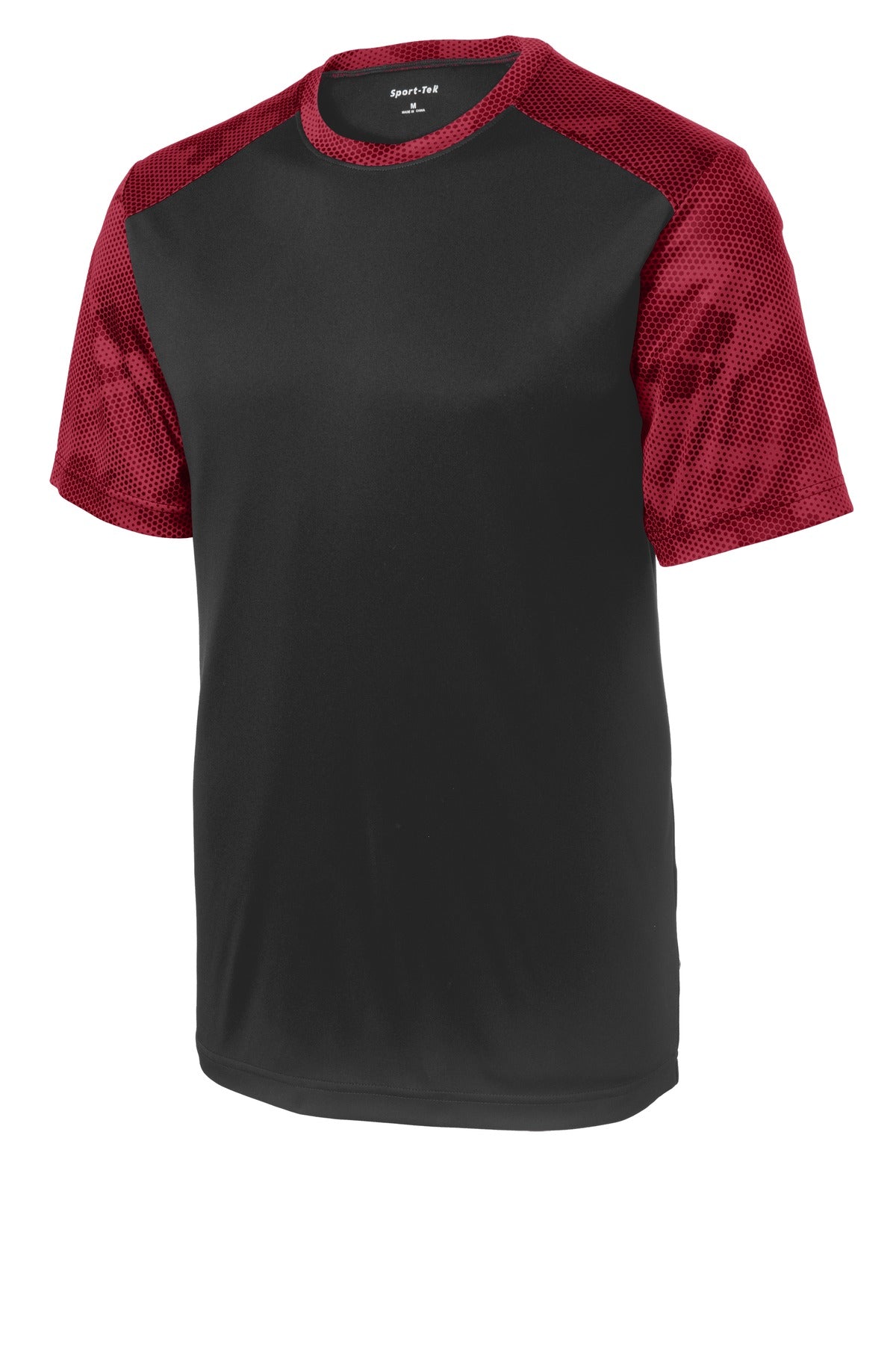 Front View of Black/Deep Red Sport-Tek CamoHex Colorblock Tee. ST371