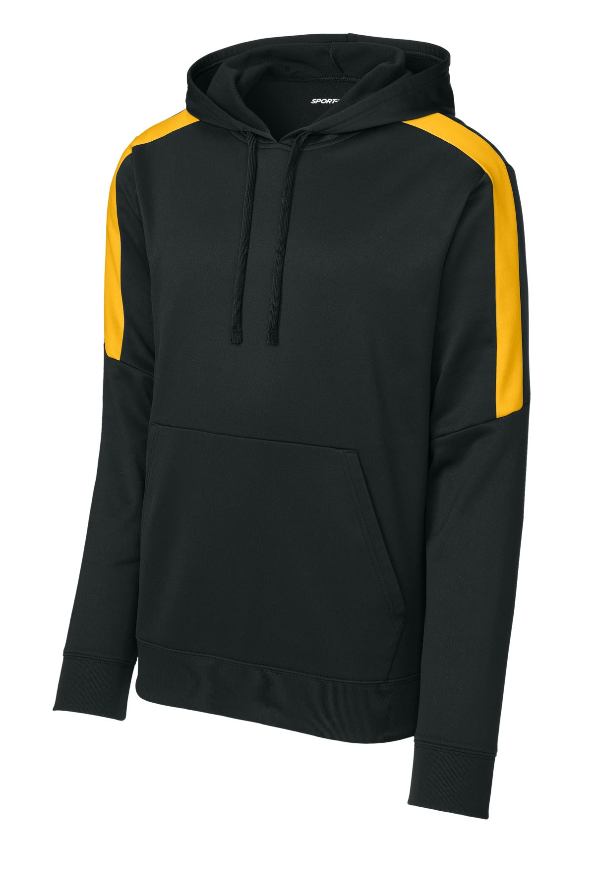 Front View of Black/Gold Sport-Tek Sport-Wick Fleece United Pullover Hoodie ST255