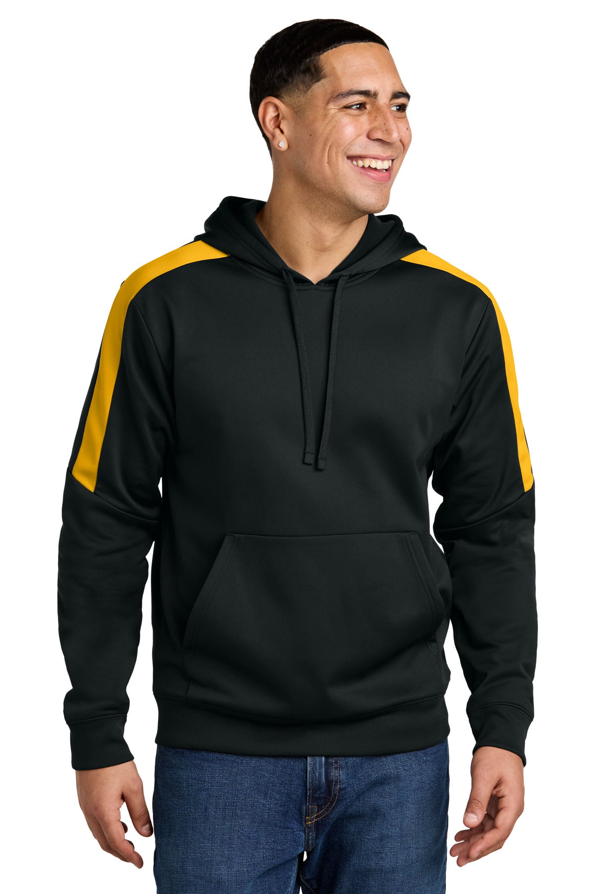 Front View of Black/Gold Sport-Tek Sport-Wick Fleece United Pullover Hoodie ST255