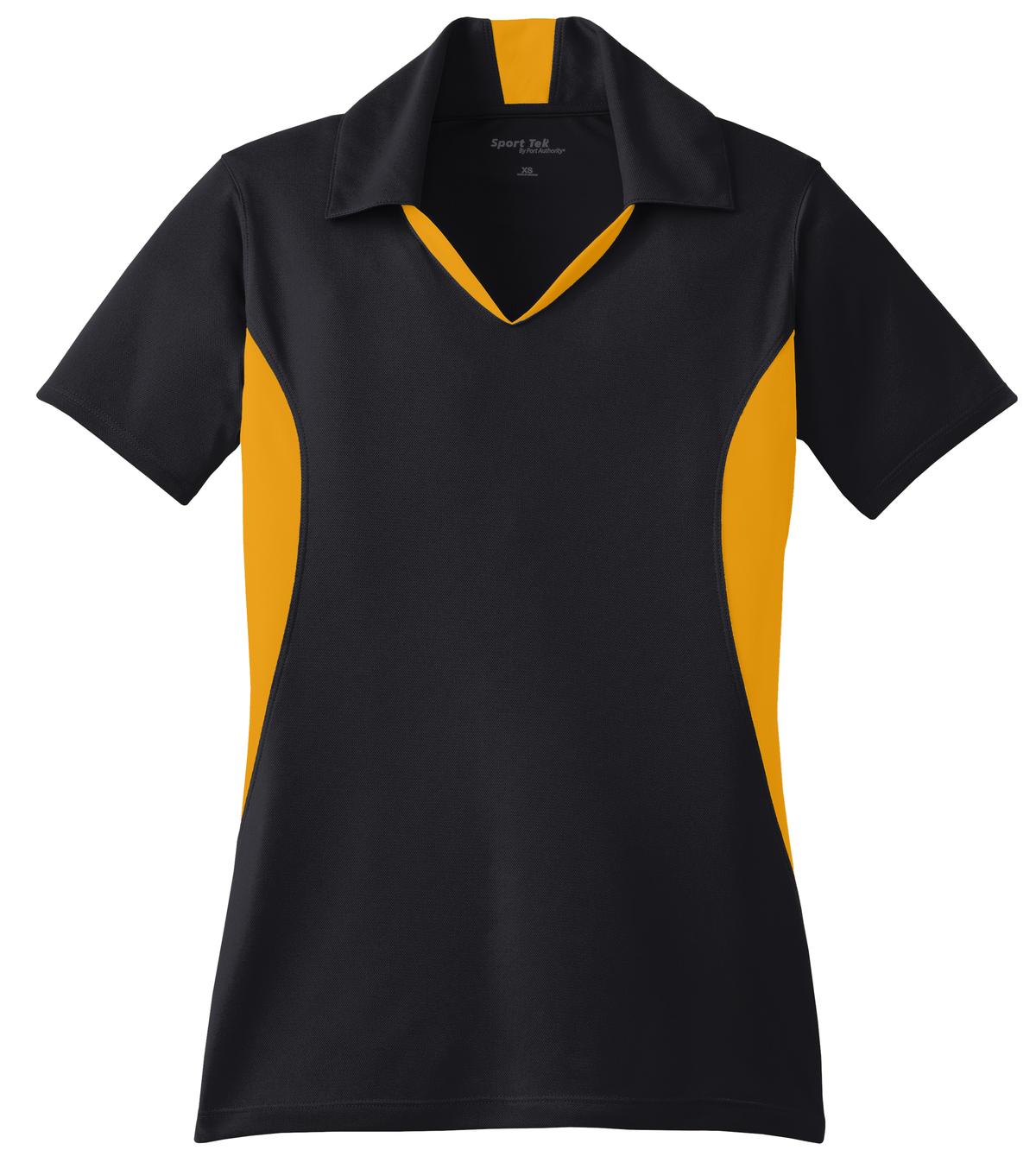 Front View of Black/Gold Sport-Tek Women's Side Blocked Micropique Sport-Wick Polo. LST655