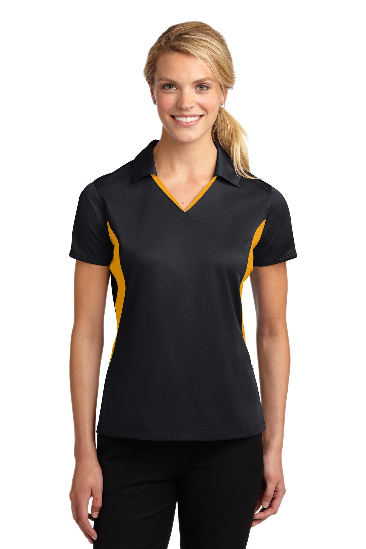 Front View of Black/Gold Sport-Tek Women's Side Blocked Micropique Sport-Wick Polo. LST655