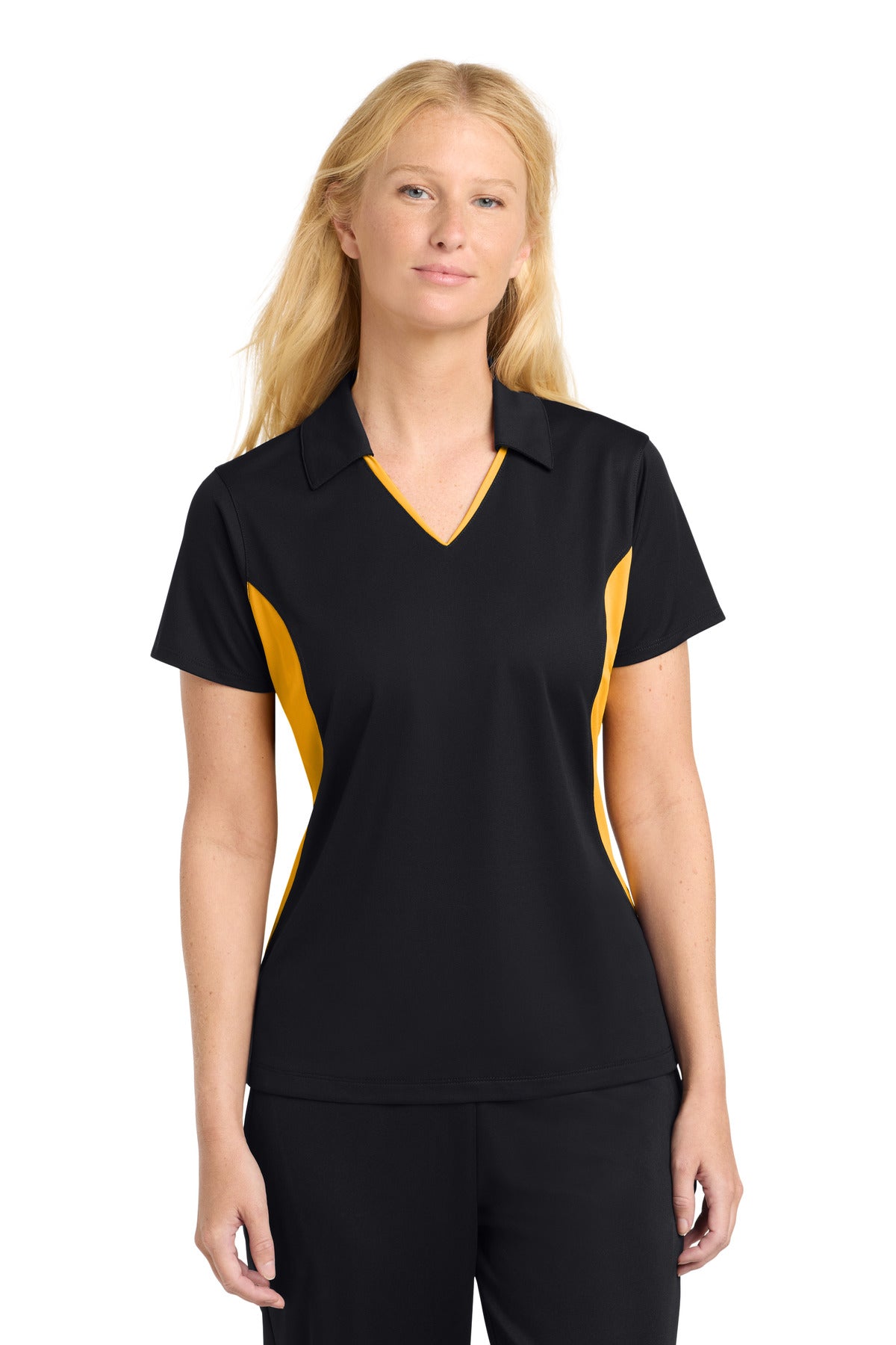 Front View of Black/Gold Sport-Tek Women's Side Blocked Micropique Sport-Wick Polo. LST655