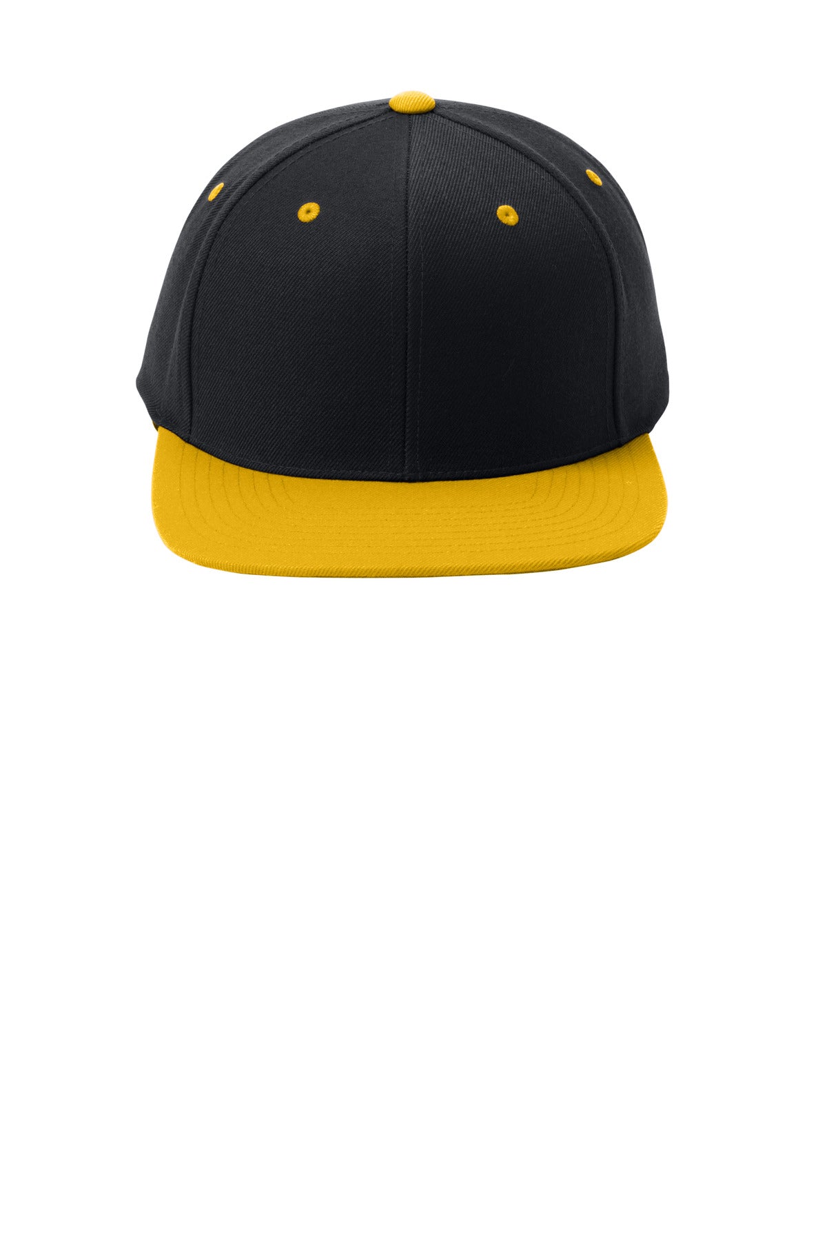 Front View of Black/Gold Sport-Tek YP Classics Flat Bill Snapback Cap. STC19