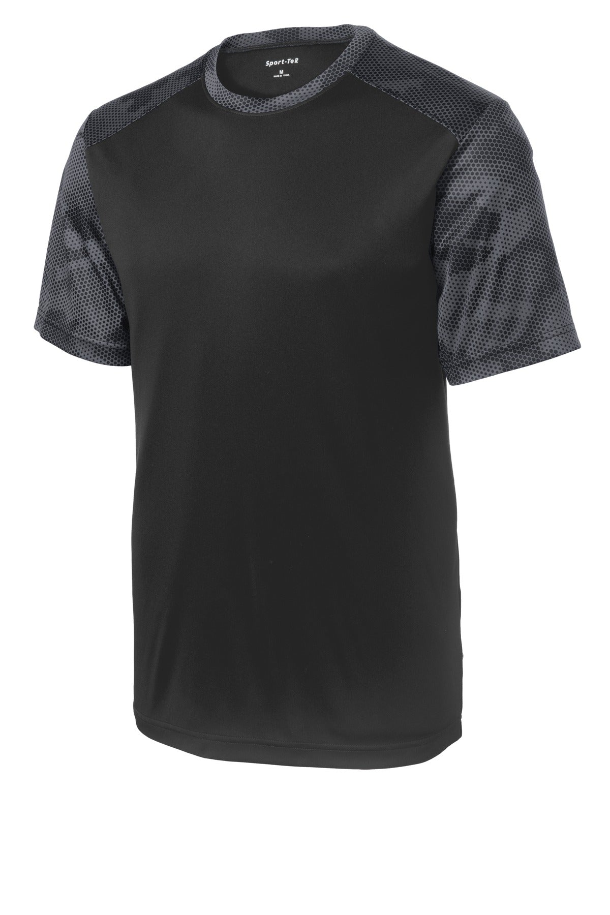 Front View of Black/Iron Gry Sport-Tek CamoHex Colorblock Tee. ST371