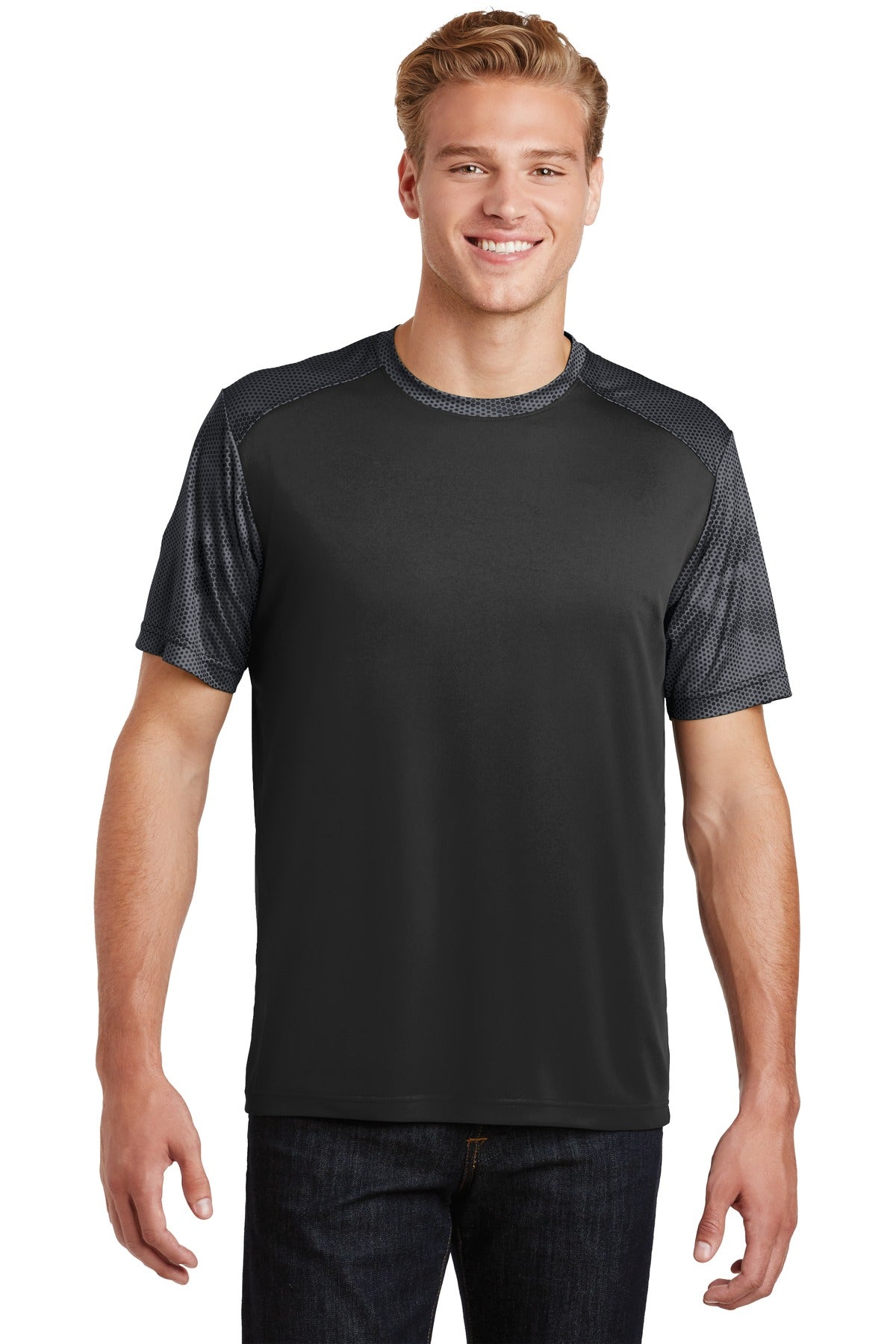 Front View of Black/Iron Gry Sport-Tek CamoHex Colorblock Tee. ST371