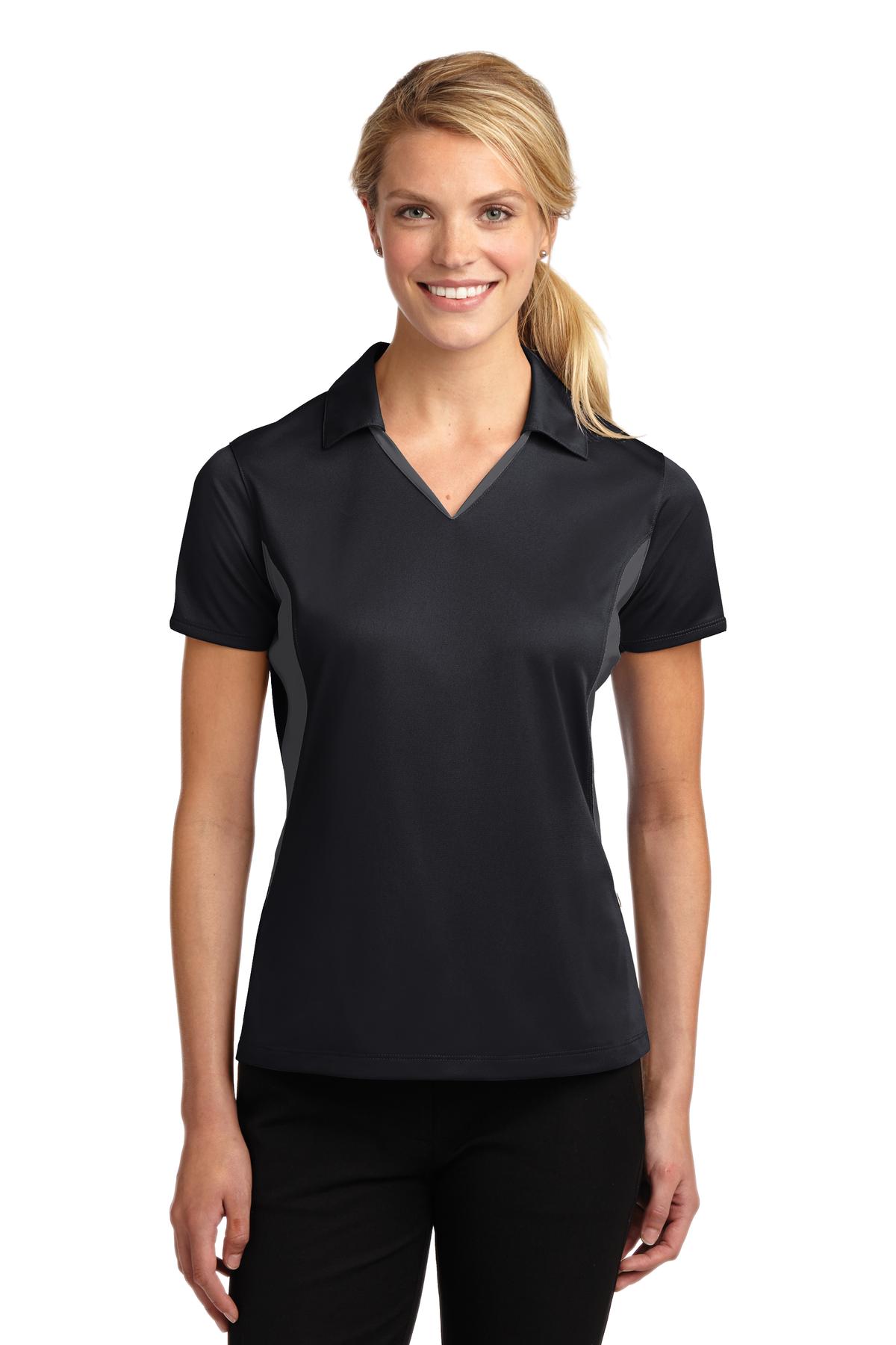 Front View of Black/Iron Gry Sport-Tek Women's Side Blocked Micropique Sport-Wick Polo. LST655
