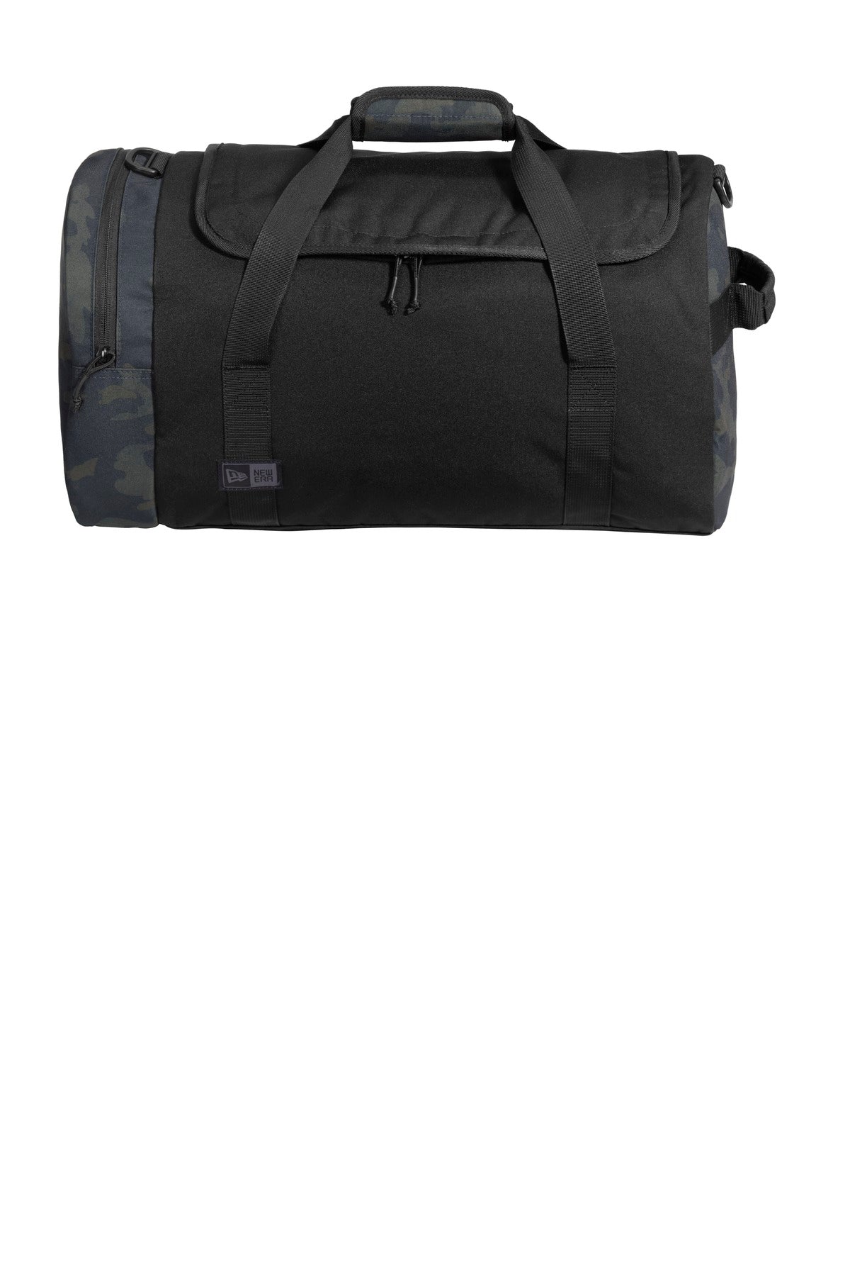 Front View of Black/Myth Cam New Era Legacy Duffel. NEB800