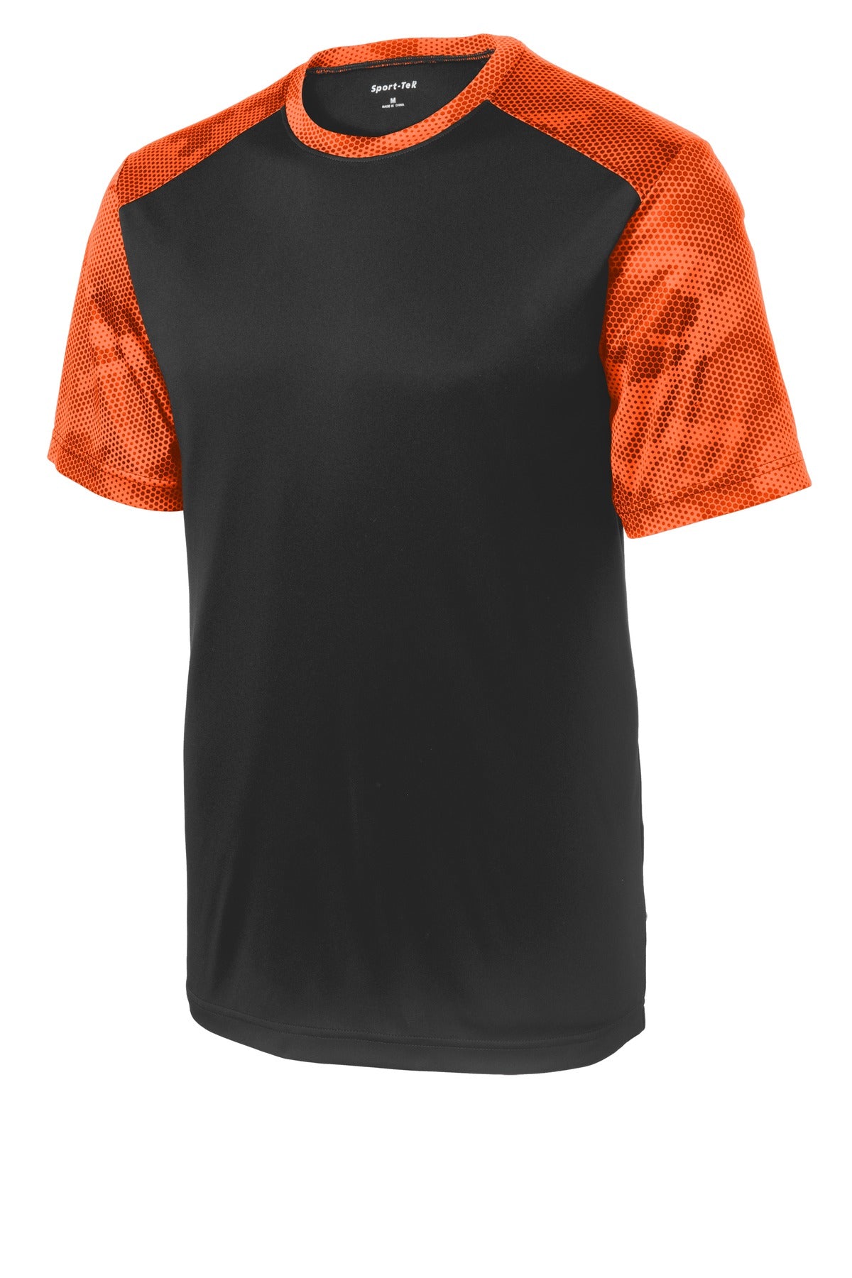 Front View of Black/Neon Org Sport-Tek CamoHex Colorblock Tee. ST371