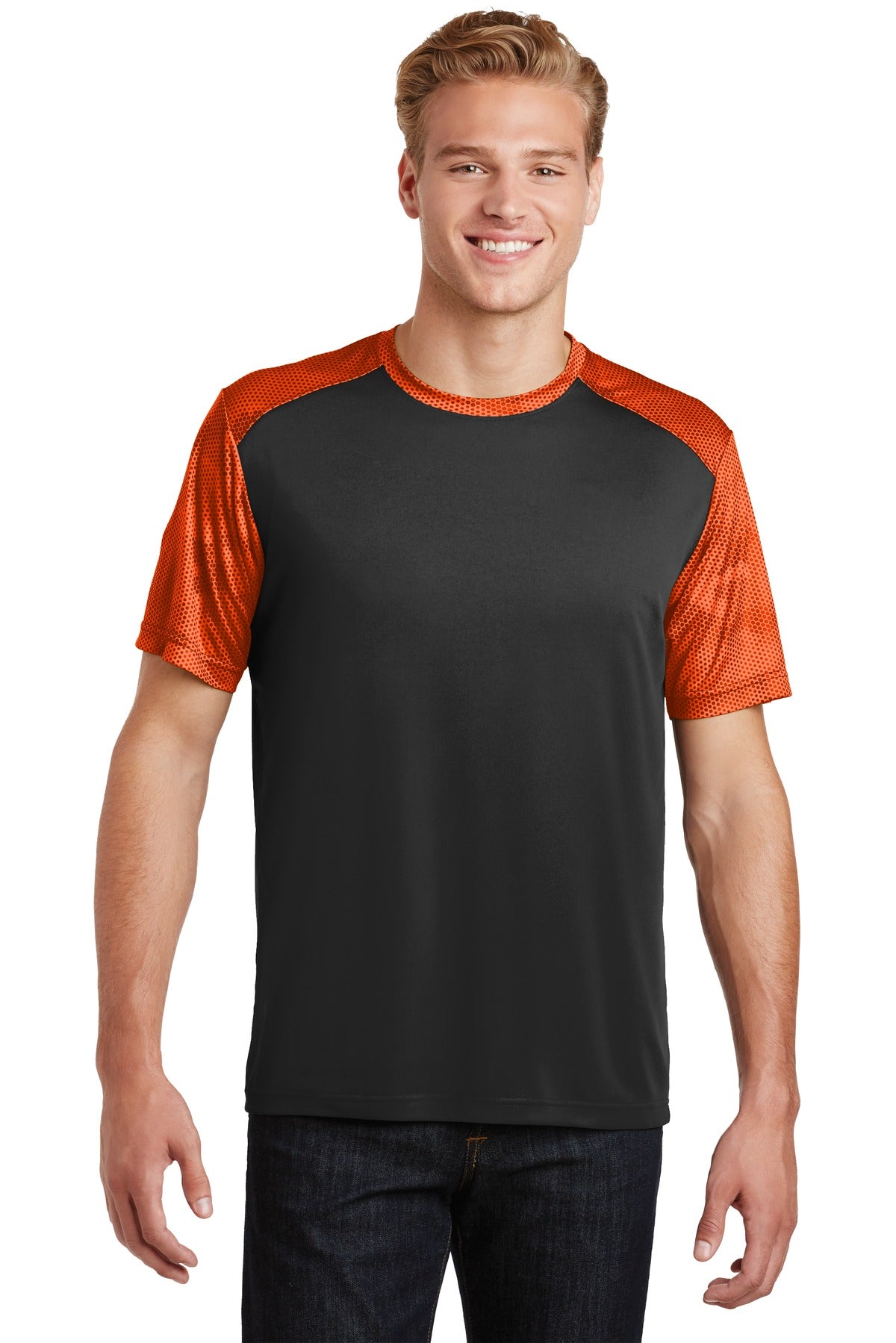 Front View of Black/Neon Org Sport-Tek CamoHex Colorblock Tee. ST371