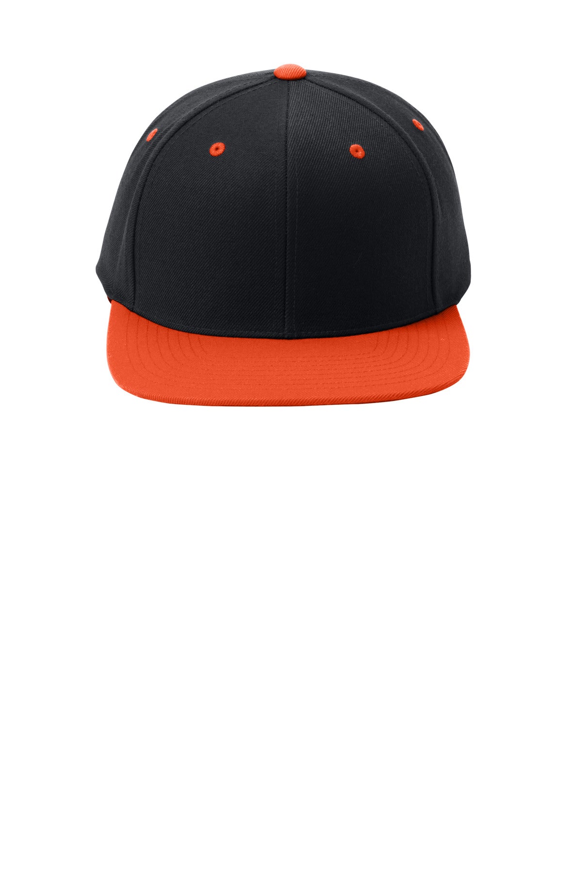 Front View of Black/Orange Sport-Tek YP Classics Flat Bill Snapback Cap. STC19