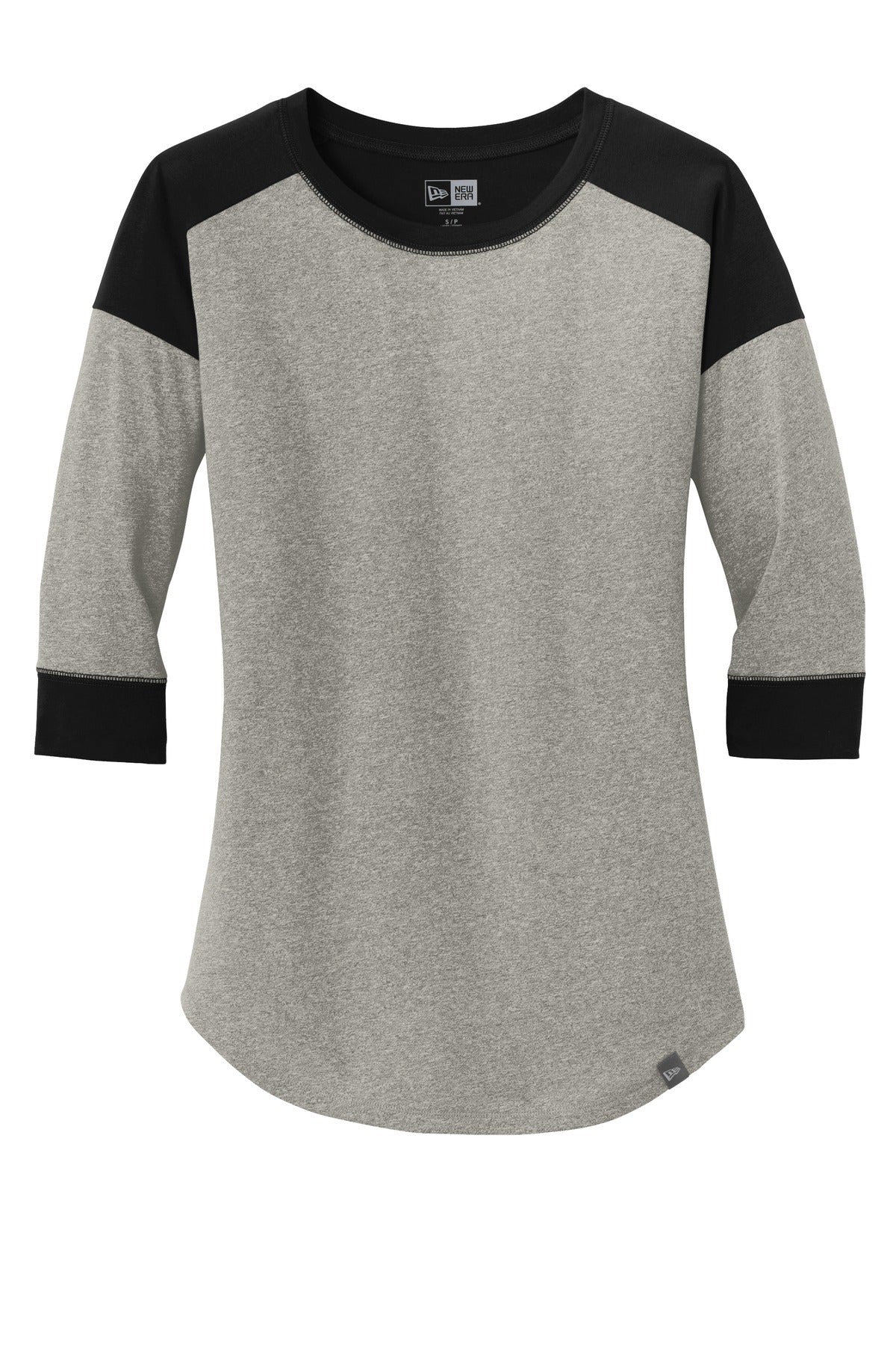 Front View of Black/Rain GyH New Era Women's Heritage Blend 3/4-Sleeve Baseball Raglan Tee. LNEA104