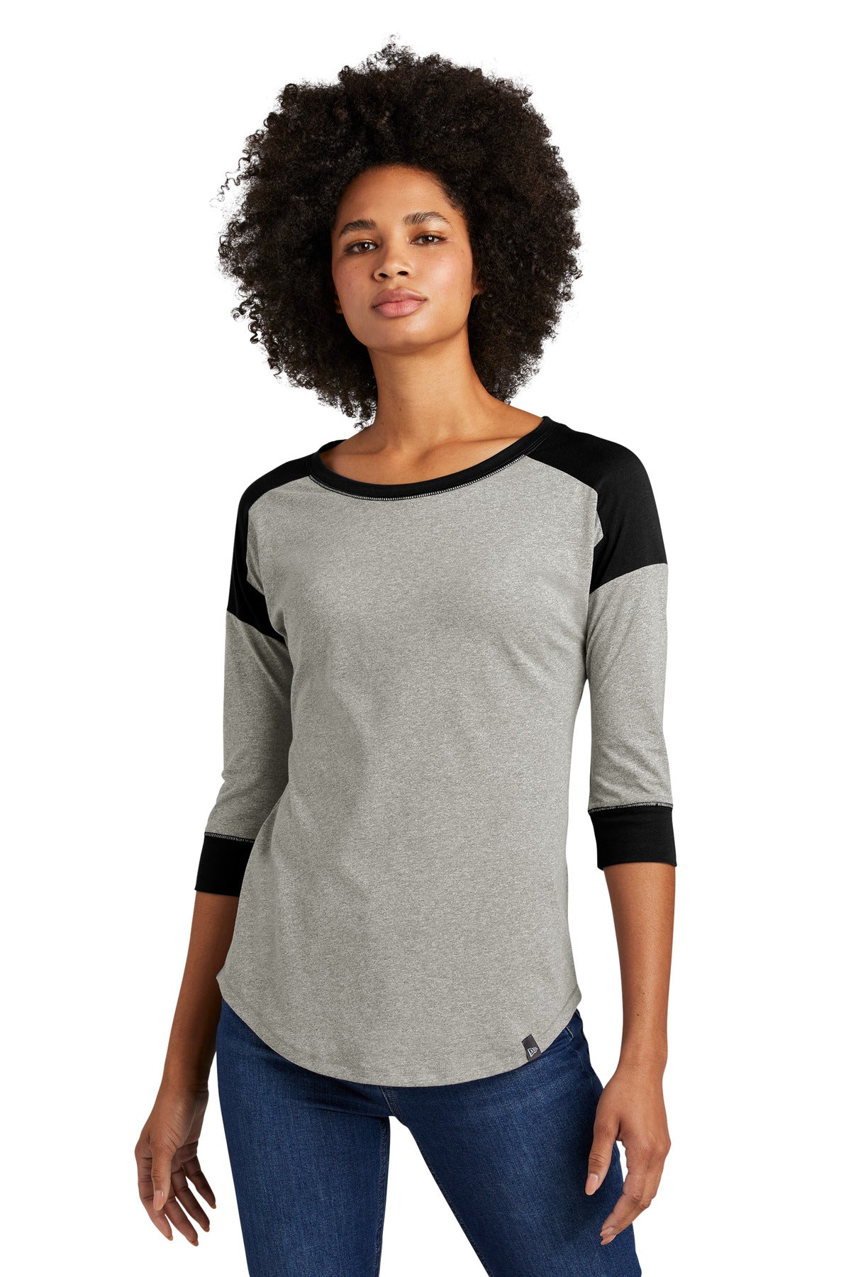 Front View of Black/Rain GyH New Era Women's Heritage Blend 3/4-Sleeve Baseball Raglan Tee. LNEA104