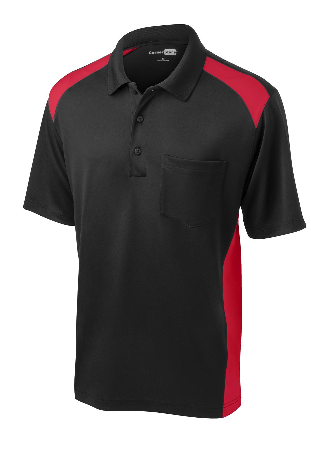 Front View of Black/Red CornerStone Select Snag-Proof Two Way Colorblock Pocket Polo. CS416